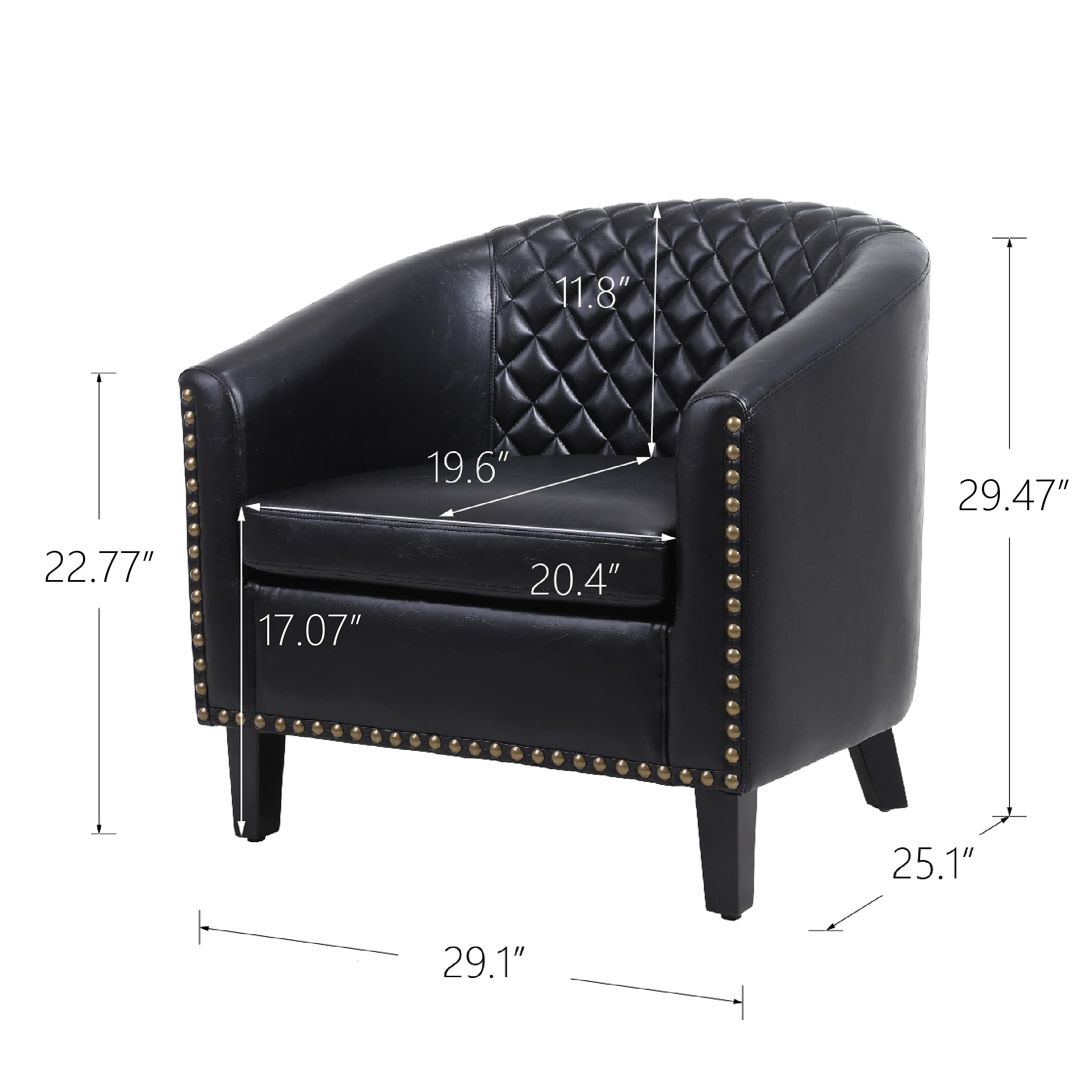 RUNNA Modern PU Leather Accent Barrel Chair - Solid Wood Arm Club Chair with Nailhead Trim for Living Room, Bedroom & Guestroom - Stylish Black Lounge Seating for Home Decor & Relaxation