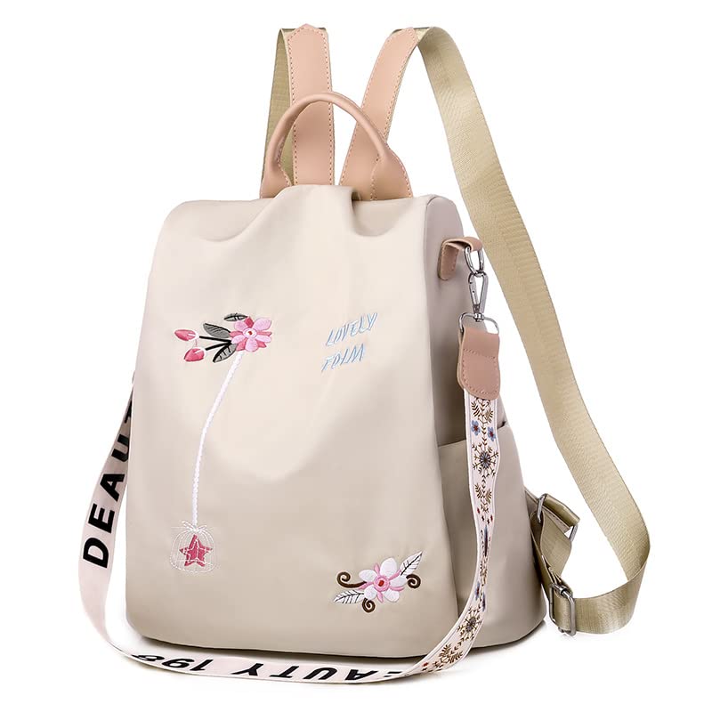 Waterproof Oxford Women's Backpack Purse - Fashion Embroidery Print School Bag & Casual Shoulder Bag for Girls (Khaki Embroidery A) - Perfect for School, Travel, and Daily Use