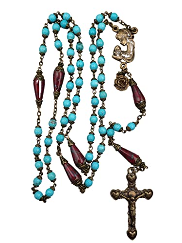 Vintage Turquoise Bronze Mother Mary and Baby Jesus Rosary - Catholic Prayer Beads for Devotion, Meditation & Gift Giving