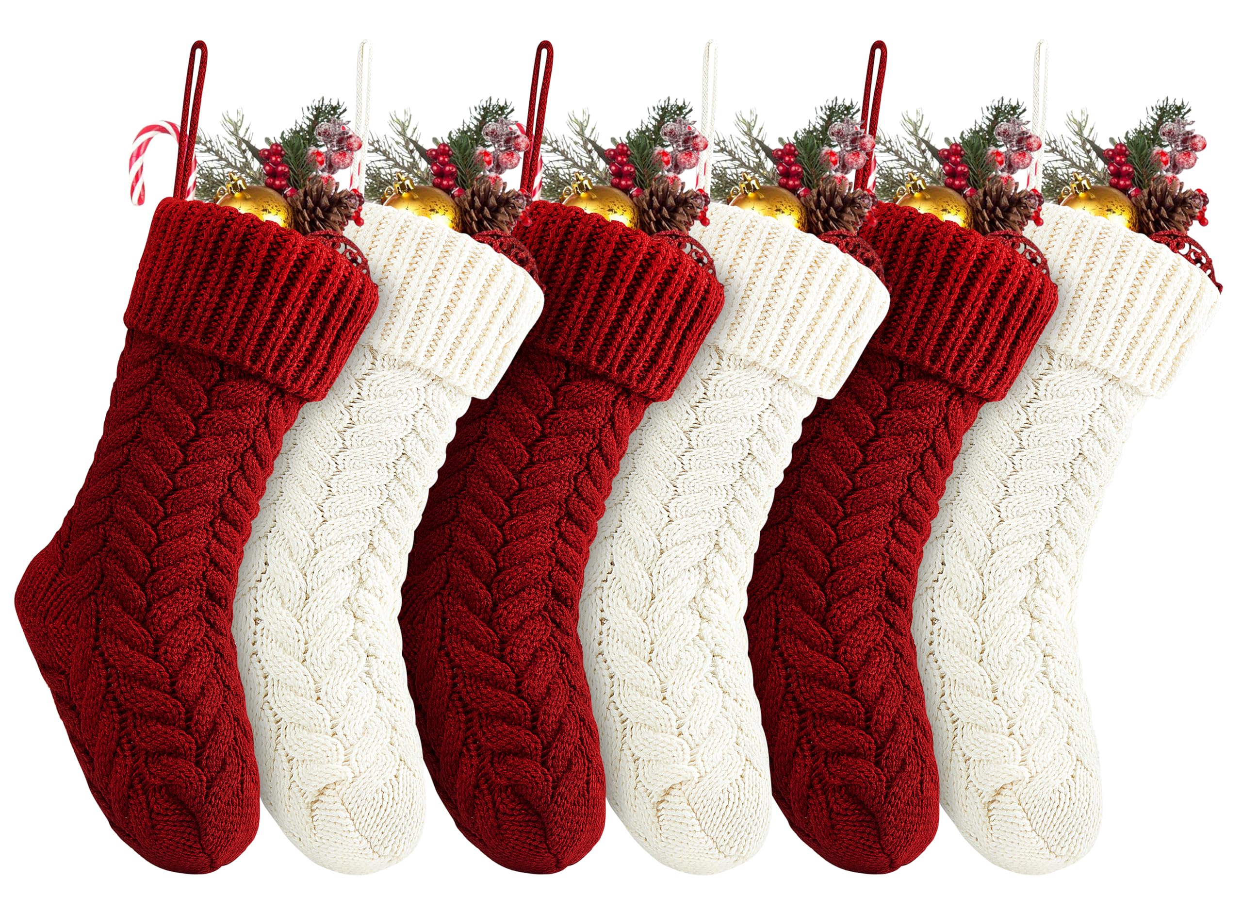 18 Inch Christmas Stockings Bulk 6 Pack - Large Cable Knit Fireplace Hanging Stockings for Family Holiday Decor - Burgundy & Ivory White Xmas Stockings - Perfect for Christmas Party, Home Decor and Gift Giving
