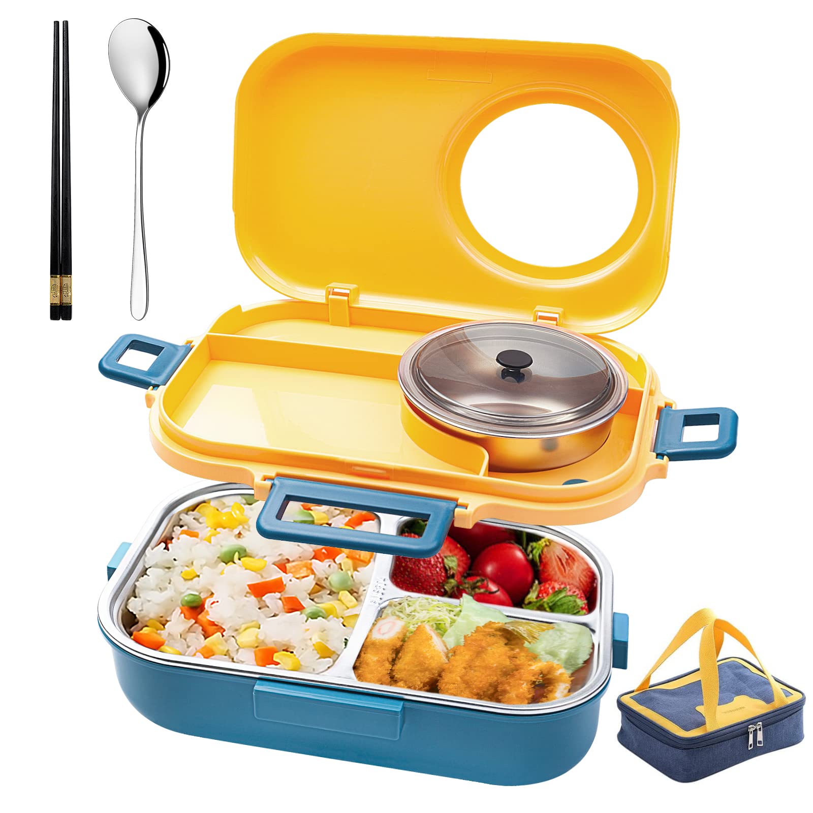 Stainless Steel Bento Box with Insulated Lunch Bag - 900ml Leak-Proof Lunch Container & 200ml Soup Bowl - Eco-Friendly Blue & Yellow Meal Prep Set for Work, School & Picnics
