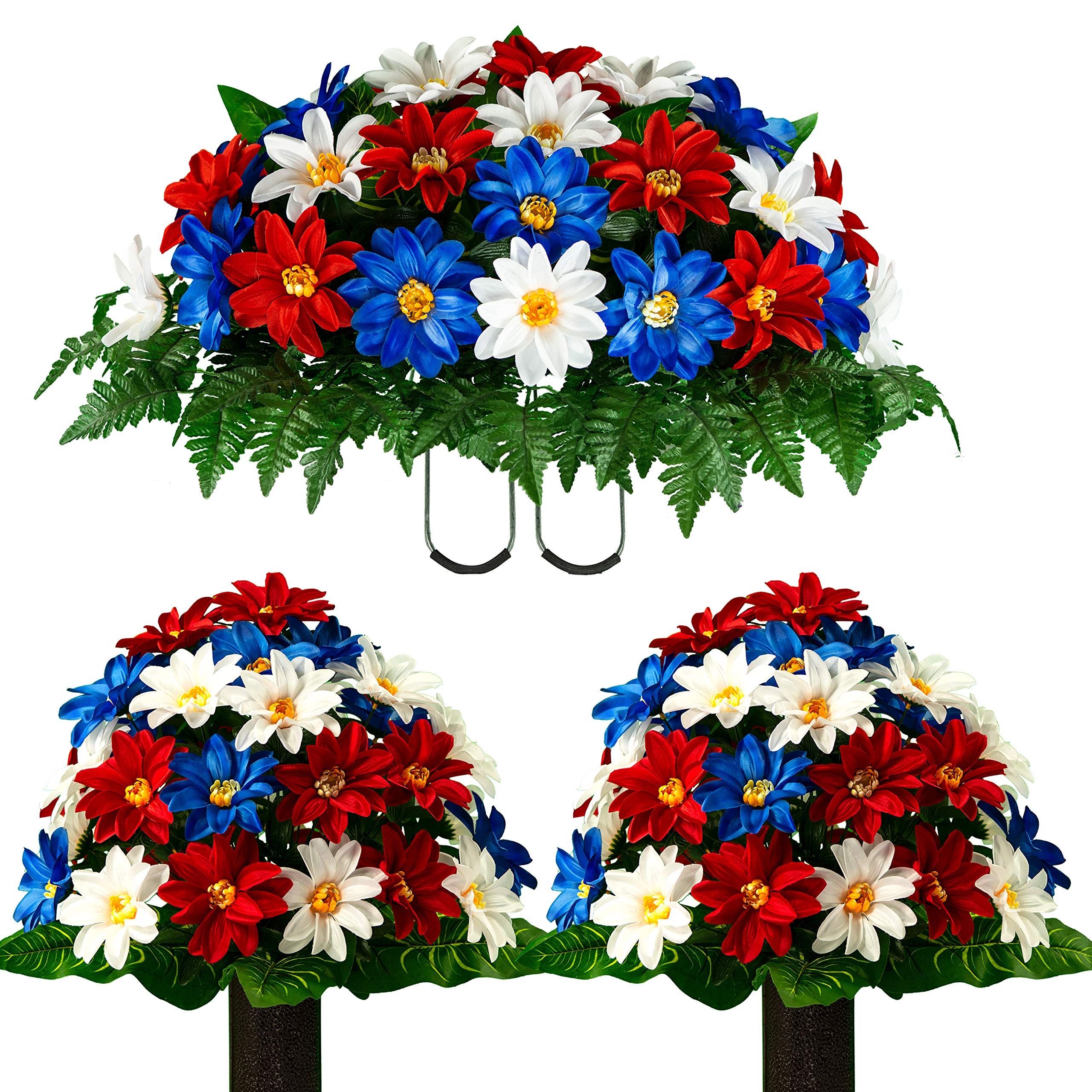 Realistic Sympathy Silks Artificial Cemetery Flowers - Non-Bleed Outdoor Grave Decorations - Red White & Blue Dahlia Bouquet with Matching Headstone Saddle - Perfect for Memorial Day, Veterans Day & Cemetery Visits