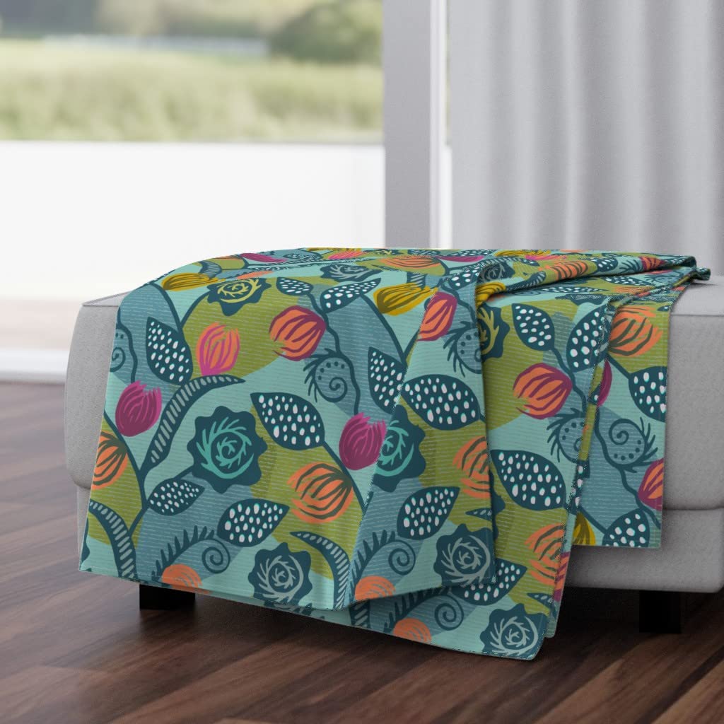 Soft Plush Minky Throw Blanket 50x70 Inches - Mid-Century Modern Floral Blue Print with Bright Teal Vines, Cozy Decorative Blanket for Sofa, Bed & Nursery | Machine Washable