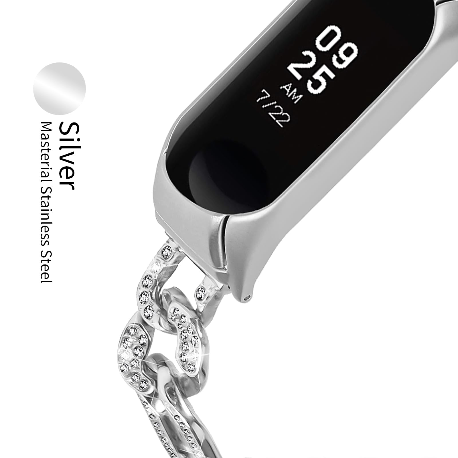 RuiRdot Stainless Steel Rhinestone Replacement Strap for Xiaomi Mi Band 5/6 - Adjustable Luxury Bracelet for Women, Perfect for Workouts, Parties & Everyday Wear