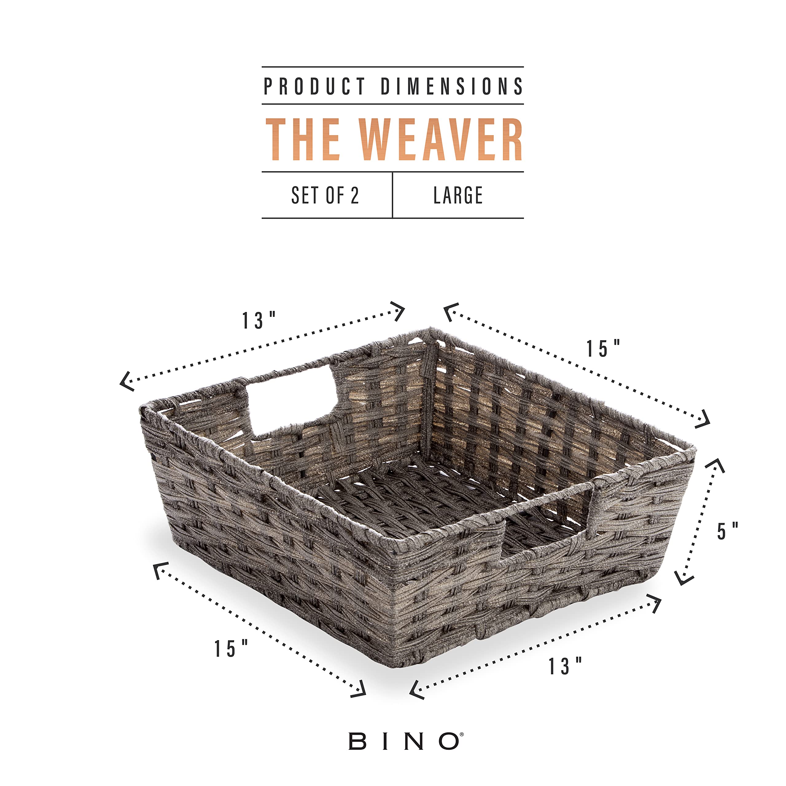 BINO 2-Pack Woven Resin Storage Baskets with Handles - Large Shelf Organizer for Home & Office - Light Gray - Perfect for Closet, Bathroom, and Pantry Organization
