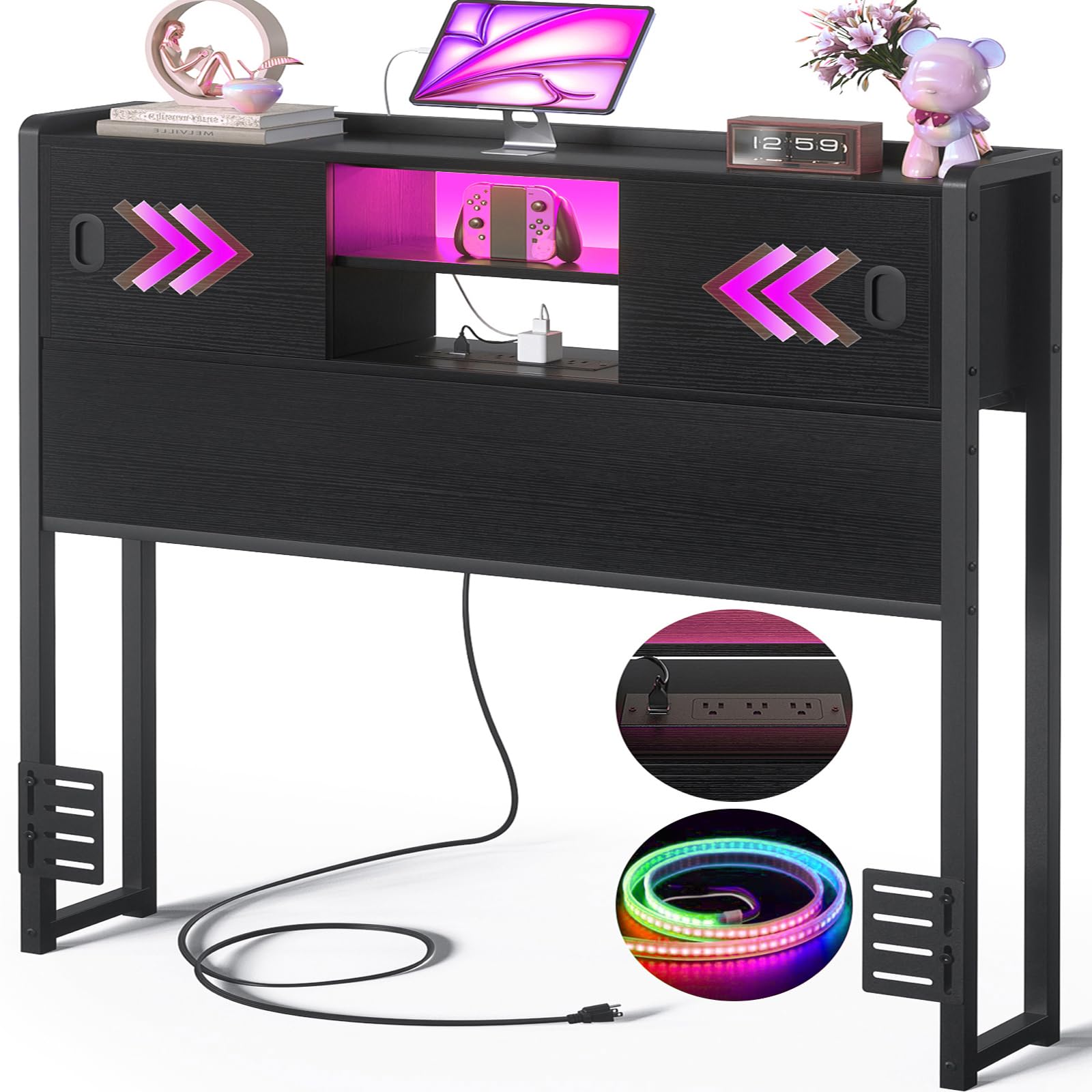 Homieasy Twin Size Headboard with Storage - USB Outlet, LED Light & Bookcase | Sturdy Sliding Door Design | Bed Frame Adapter Included | Perfect for Small Bedrooms, Dorms & Studio Apartments (Black)