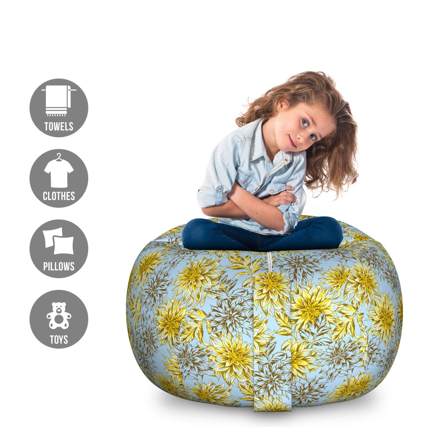 Ambesonne Floral Storage Toy Bag Chair - Large Washable Stuffed Animal Organizer with High Detail Yellow Dahlias - Pale Blue & Yellow - Perfect for Kids' Room, Nursery, and Playroom Organization