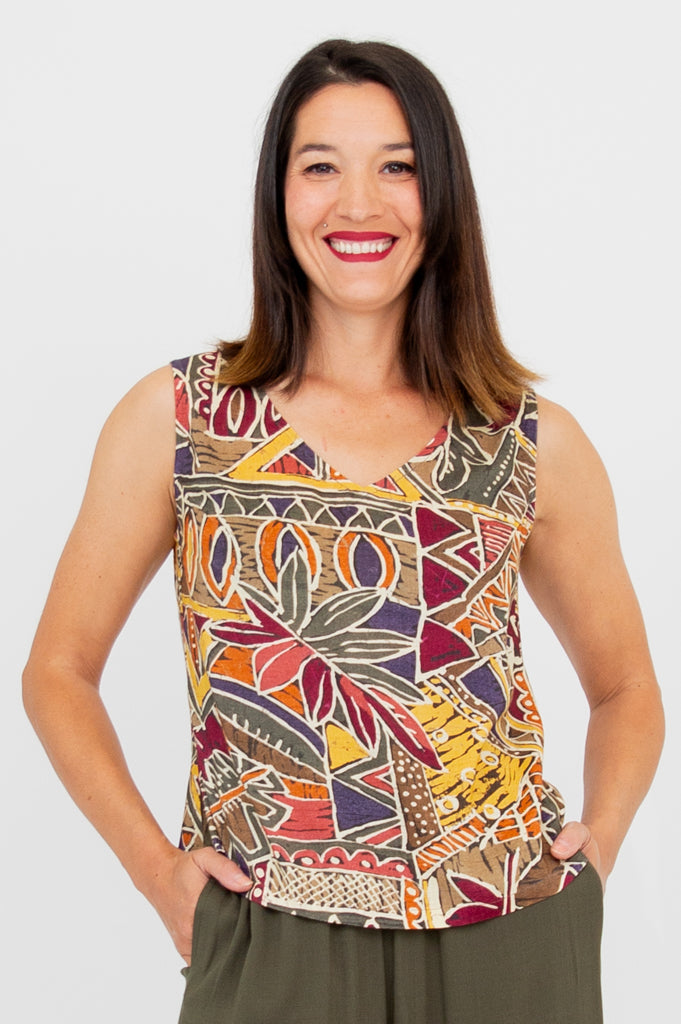 Havana Tank Top - Women's Tropical Print Linen Bamboo Blend Shirt for Summer Beach Vacation & Casual Outings
