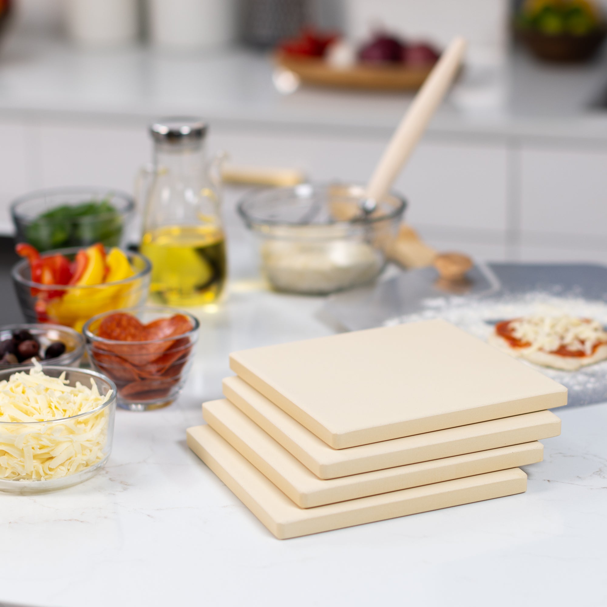 Premium Cordierite Square Pizza Stone Set - 4-Piece 7.5x7.5 Inch Baking Stones for Perfect Homemade Pizza, Bread & Desserts | Oven, Grill & Outdoor Cooking Essential