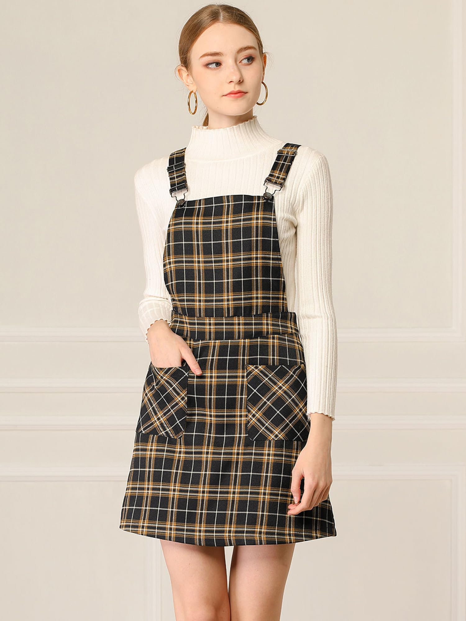 Allegra K Women's Adjustable Strap Plaid Print Above Knee Suspender Dress Skirt - Casual Outfit for Spring, Summer & Fall Fashion
