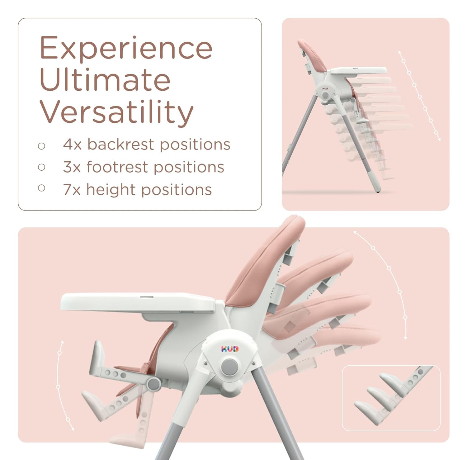 **KÜB 3-in-1 Foldable Baby High Chair – Adjustable 7 Heights & 4 Recline Positions, Removable Seat & Tray for Easy Cleaning, 2 Locking Wheels – Multifunctional Infant Highchair for Babies & Toddlers (Pink, Includes Toys) – Perfect for Dining, Feeding & Playtime at Home or Travel**