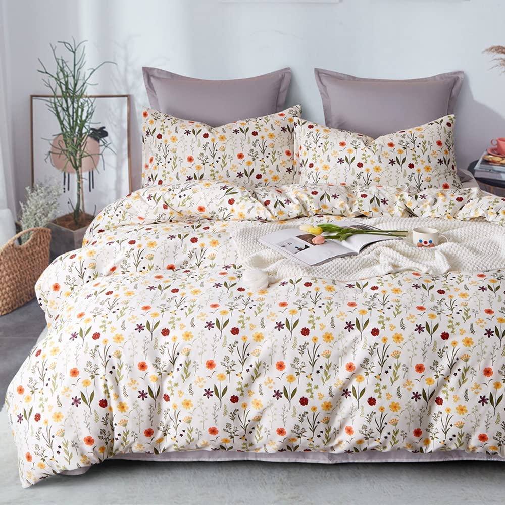 Lurson Floral Cotton Duvet Cover Set Queen Size - Chic Garden Style Reversible Duvet Cover with Zipper Closure & Pillowcases (3PCS) - Botanical Bedding for Women, Teens & Girls - Perfect for Spring Refresh, Guest Room Decor or Boho Bedroom Makeover