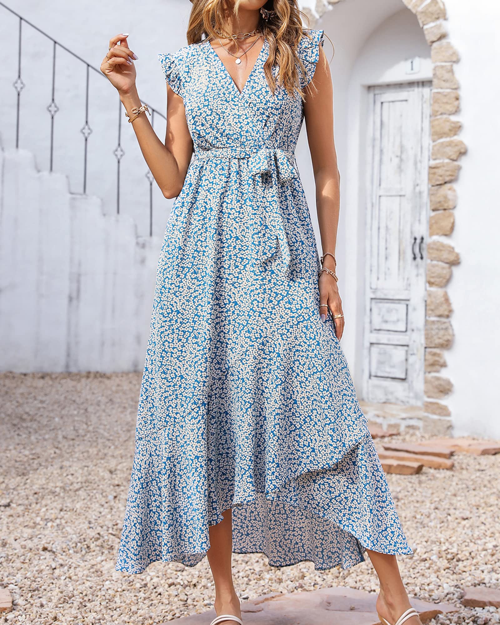BTFBM Women's Floral Maxi Dress 2025 - Ruffle Sleeve V-Neck Wrap Dress with Belt for Spring/Summer, Beach Vacation, Wedding Guest & Special Occasions | Elegant Boho Chic Dress for Outdoor Parties & Date Nights