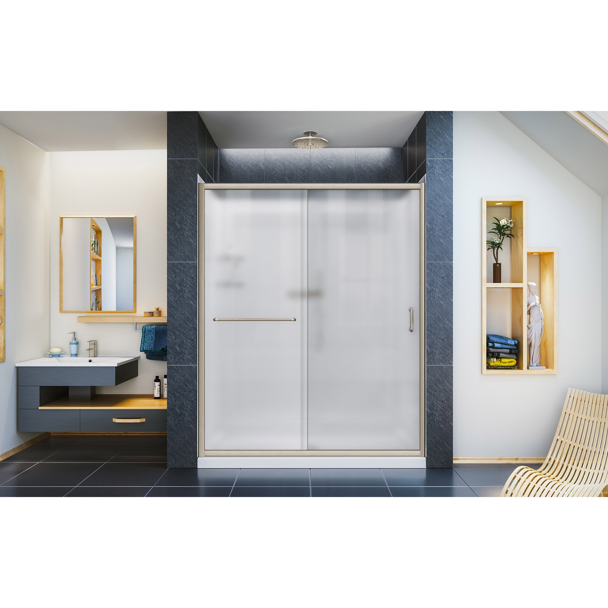DreamLine Infinity Z 34x60x76.75 Inch Semi-Frameless Sliding Shower Door with Shower Base & QWALL 5 Backwall Kit - Frosted Glass for Modern Bathroom Renovation & Spa-Like Shower Experience