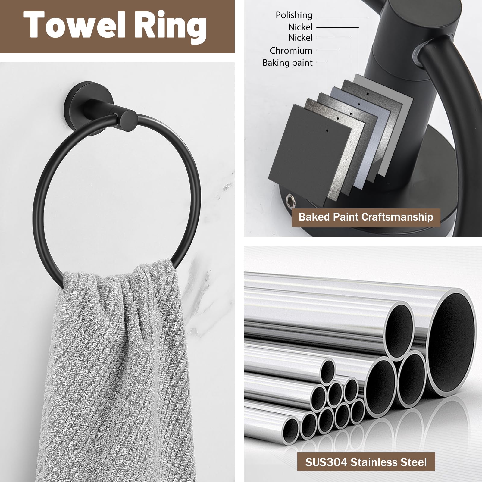 6-Piece Matte Black Towel Bar Set - SUS304 Stainless Steel Bathroom Hardware & Towel Holder - Modern Bathroom Accessories for Home, Hotel & Spa Use