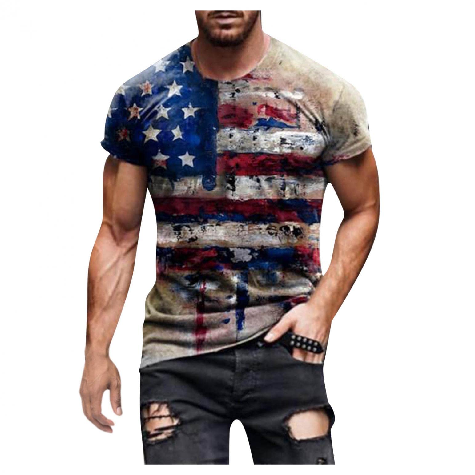 Men's Graphic T-Shirts - USA Flag Print Short Sleeve Casual Tees for Summer | Comfortable Cotton Blouse Tops for Outdoor Activities, Parties & Daily Wear