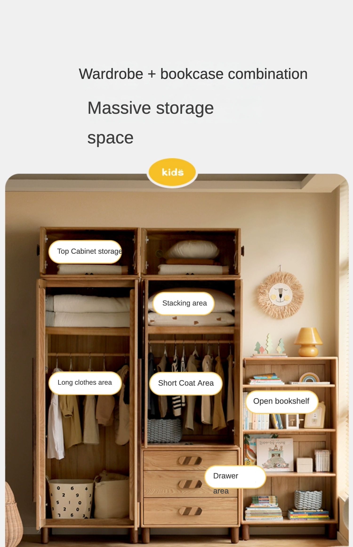 Solid Oak Wood Wardrobe Bookcase - Free Combination for Bedroom, Living Room, and Office Storage