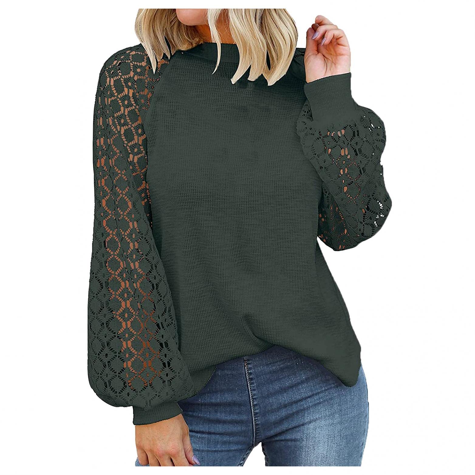 Plus Size Women's Fall Waffle Knit Long Sleeve Tops - Lace Trim Casual Blouses, T-Shirts & Tunics for Work, Date Night & Layering