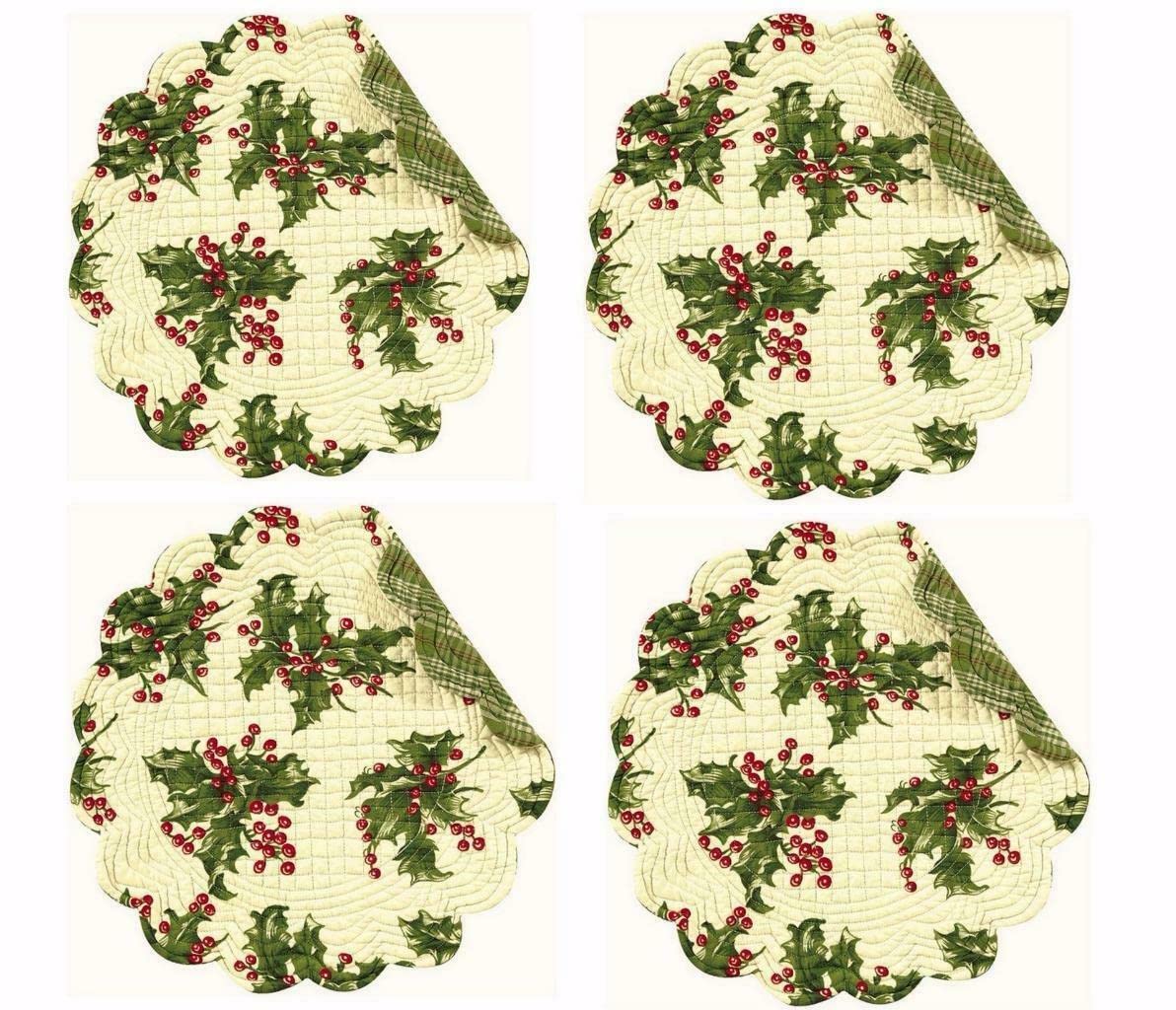 Christmas Holly Cream Quilted Round Reversible Placemats Set of 4 - Holiday Dining Table Decor for Home & Garden - Perfect for Christmas Dinner, Party, and Festive Home Decor