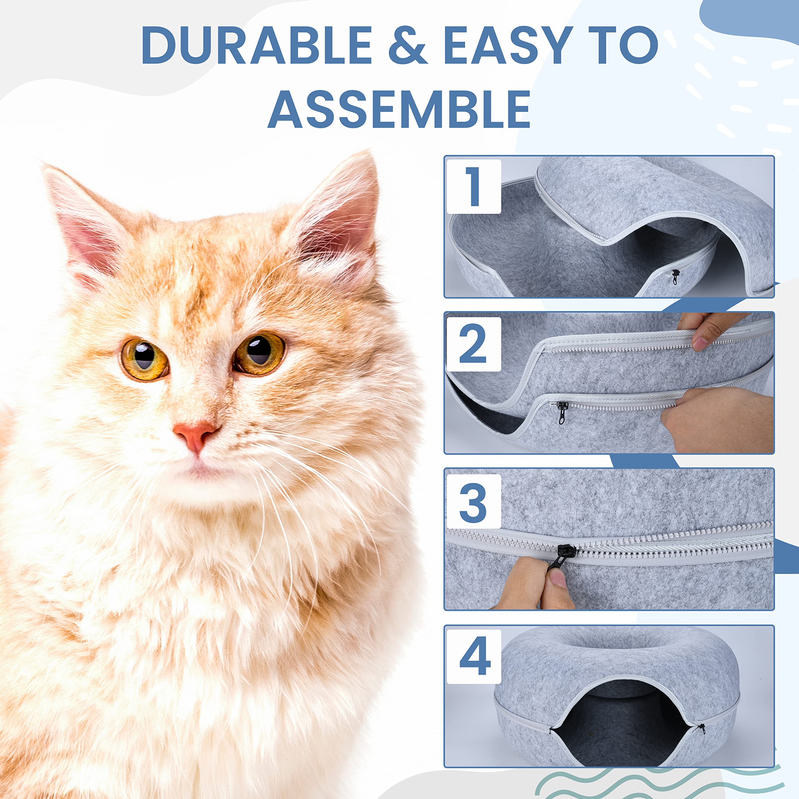 Cozy Cat Cave Bed with Tunnel & Peekaboo Hideout - Plush Donut Cat Bed for Small to Large Cats (Up to 20lbs) - Includes 3 Fun Plush Toys - Light Grey Pet Furniture for Indoor Cats - Perfect for Napping, Playtime & Stress Relief