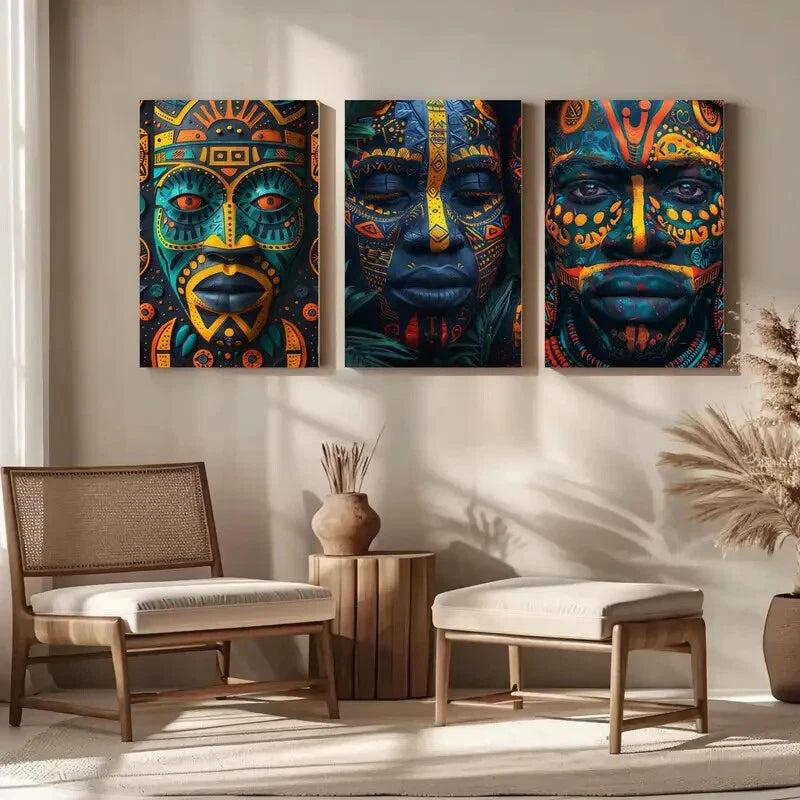 3pcs Abstract African Mural Metal Wall Art Prints - Ready to Hang Canvas Paintings for Living Room, Bedroom & Office Decor