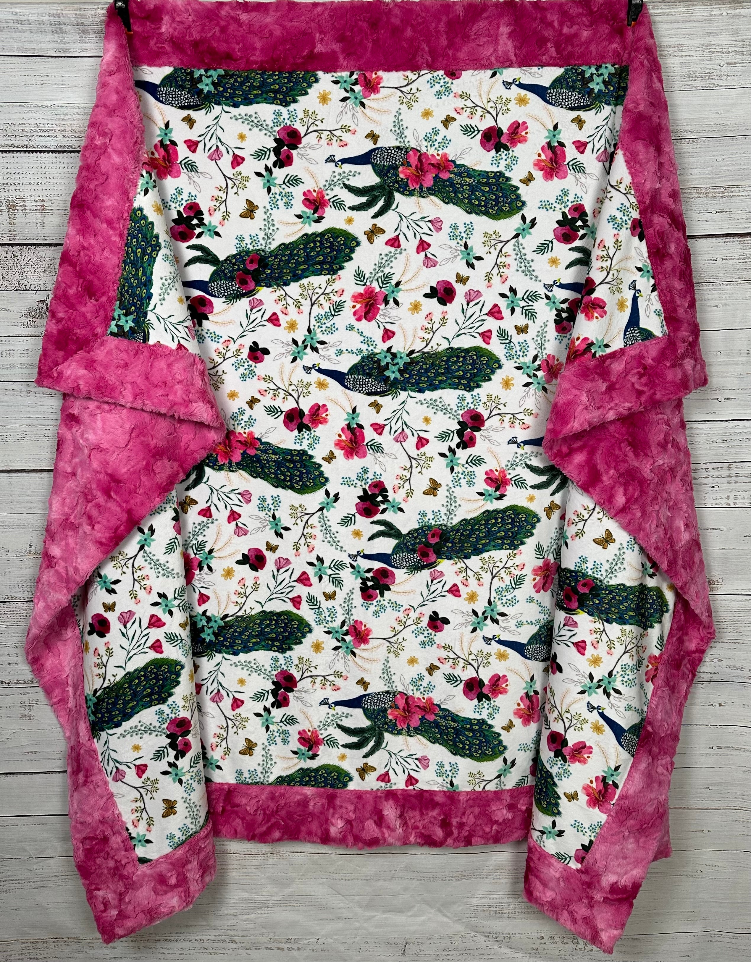 Plush Peacock Floral Fuchsia Marble Print Minky Blanket for Adults - 55x79 Inches - Soft Cozy Throw for Bed, Sofa & Home Decor