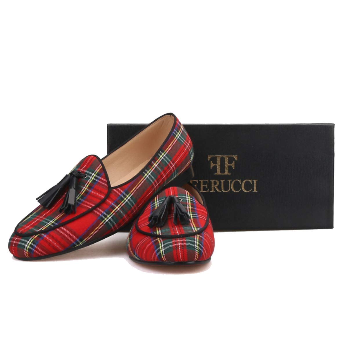 FERUCCI Men's Red Scottish Tartan Slippers - Comfortable Loafers with Black Leather Tassel | Casual House Shoes for Men, Perfect for Indoor Wear, Lounge & Relaxation