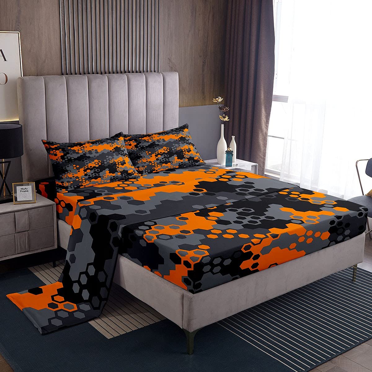 Erosebridal Army Camouflage Bed Sheets Full Size - Honeycomb Camo Bedding Set for Teens & Adults (Orange, Black, Grey) - Durable Geometric Pattern Fitted Sheet - Perfect for Kids Rooms, Dorm Decor & Military Themed Bedrooms