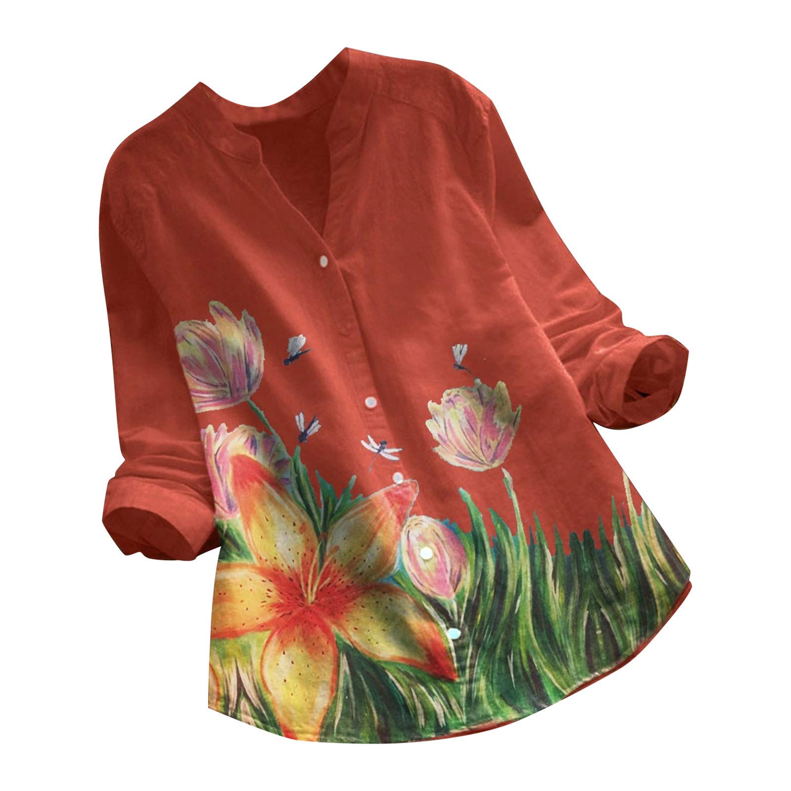 aihihe Women's Plus Size Floral Printed Button Down Shirt - Long Sleeve V-Neck Collared Blouse Tunic for Work, Office & Casual Outfits