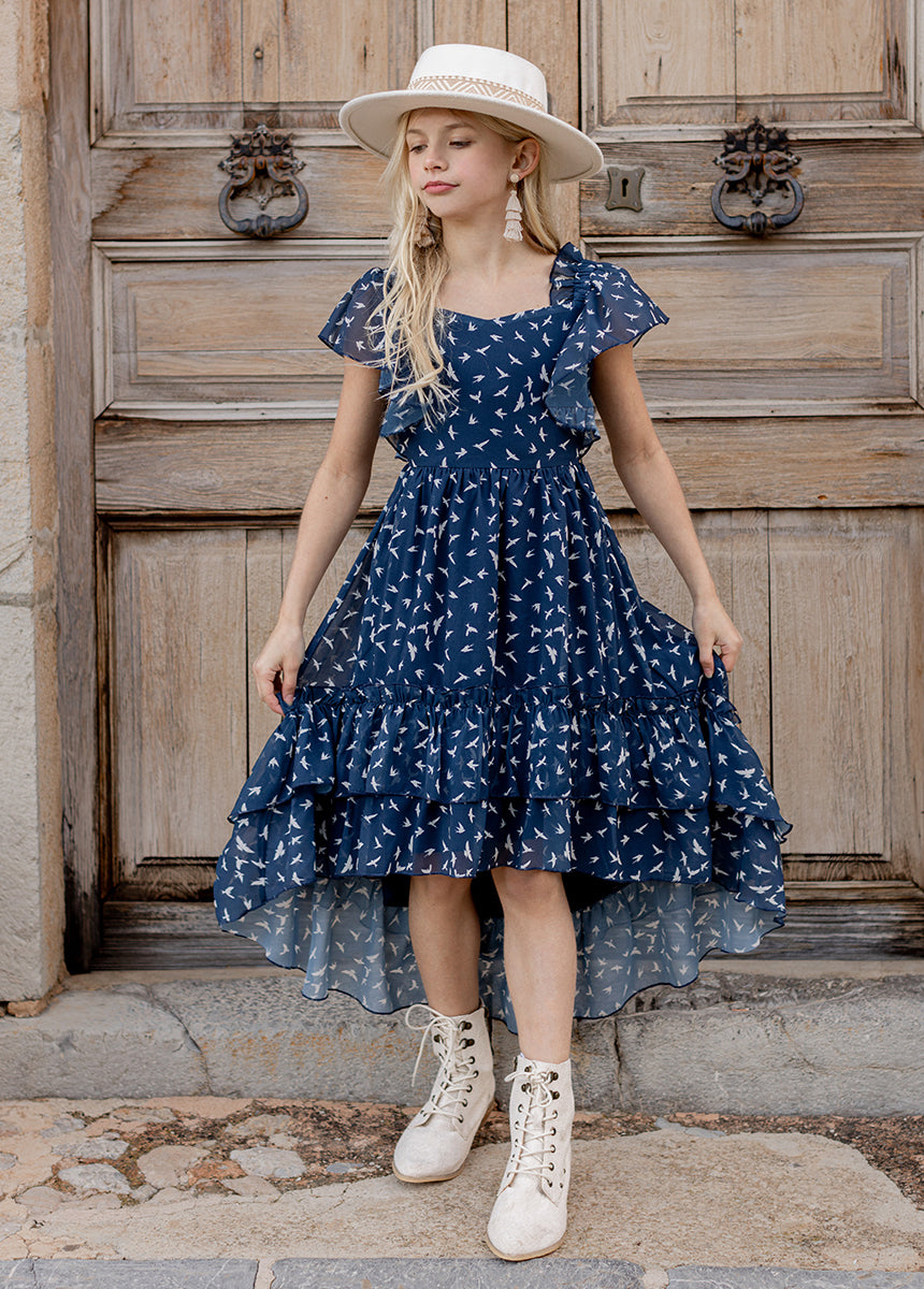 Dimia Women's Navy Blue Bird Floral Print Dress - Elegant Flowy Midi Dress for Casual Wear, Office, and Summer Outings