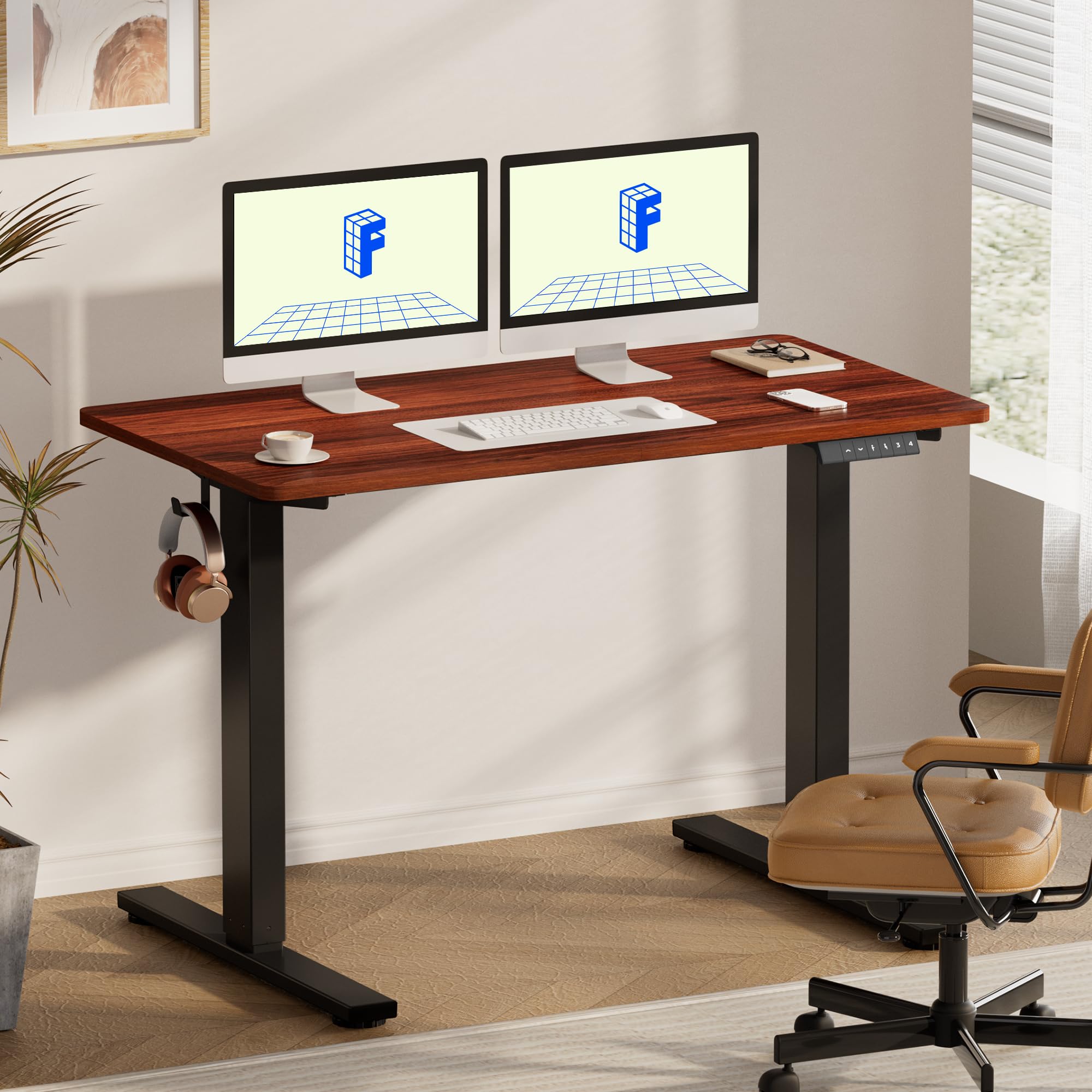 Flexispot EN1 Electric Standing Desk 55 x 28 Inches - Height Adjustable Home Office Desk with Mahogany Top (Black Frame) | Perfect for Remote Work, Gaming Setup & Ergonomic Workspace
