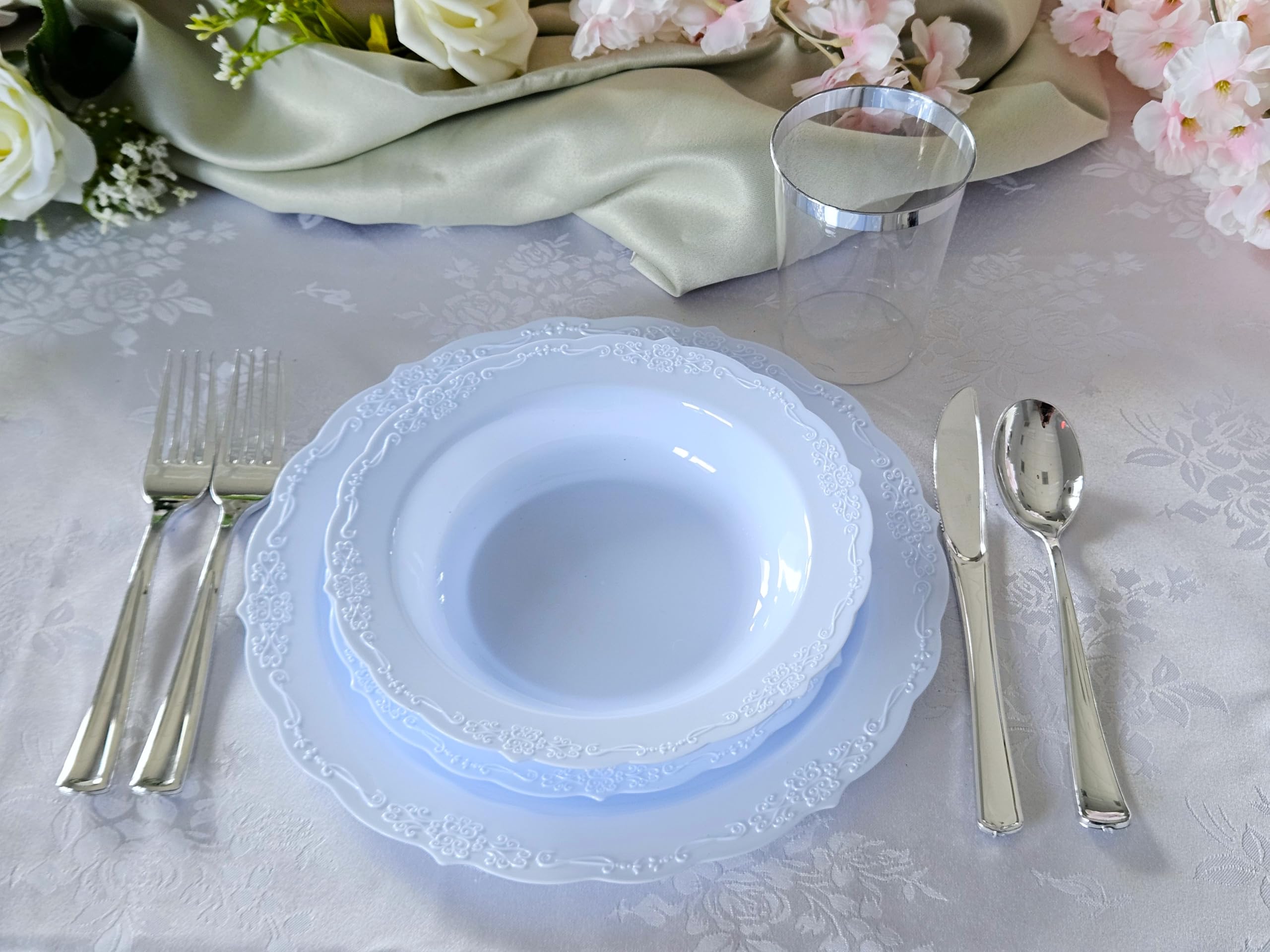 60-Piece Disposable Plates & Bowls Set - 12oz Soup Bowls for Weddings, Parties & Events (Plain Blue Verona Design) - Perfect for Catering, Picnics & Family Gatherings