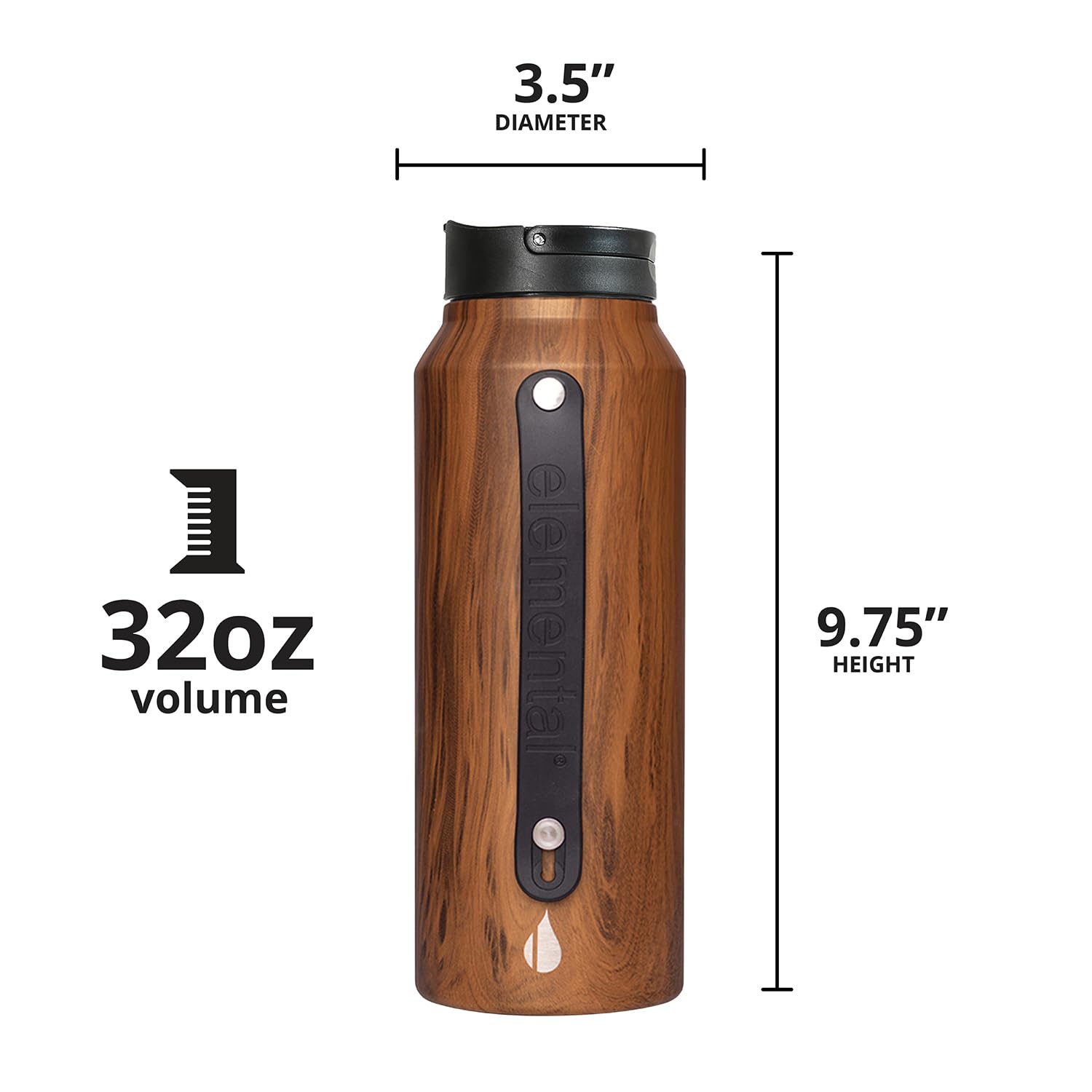 Elemental Iconic 20 oz Stainless Steel Water Bottle with Straw - Leak Proof Triple Wall Insulated Reusable Bottle for Gym, Travel & Sports - Includes 2 Straws & Teak Wood Lid - Perfect for Hiking, Workouts and Everyday Hydration
