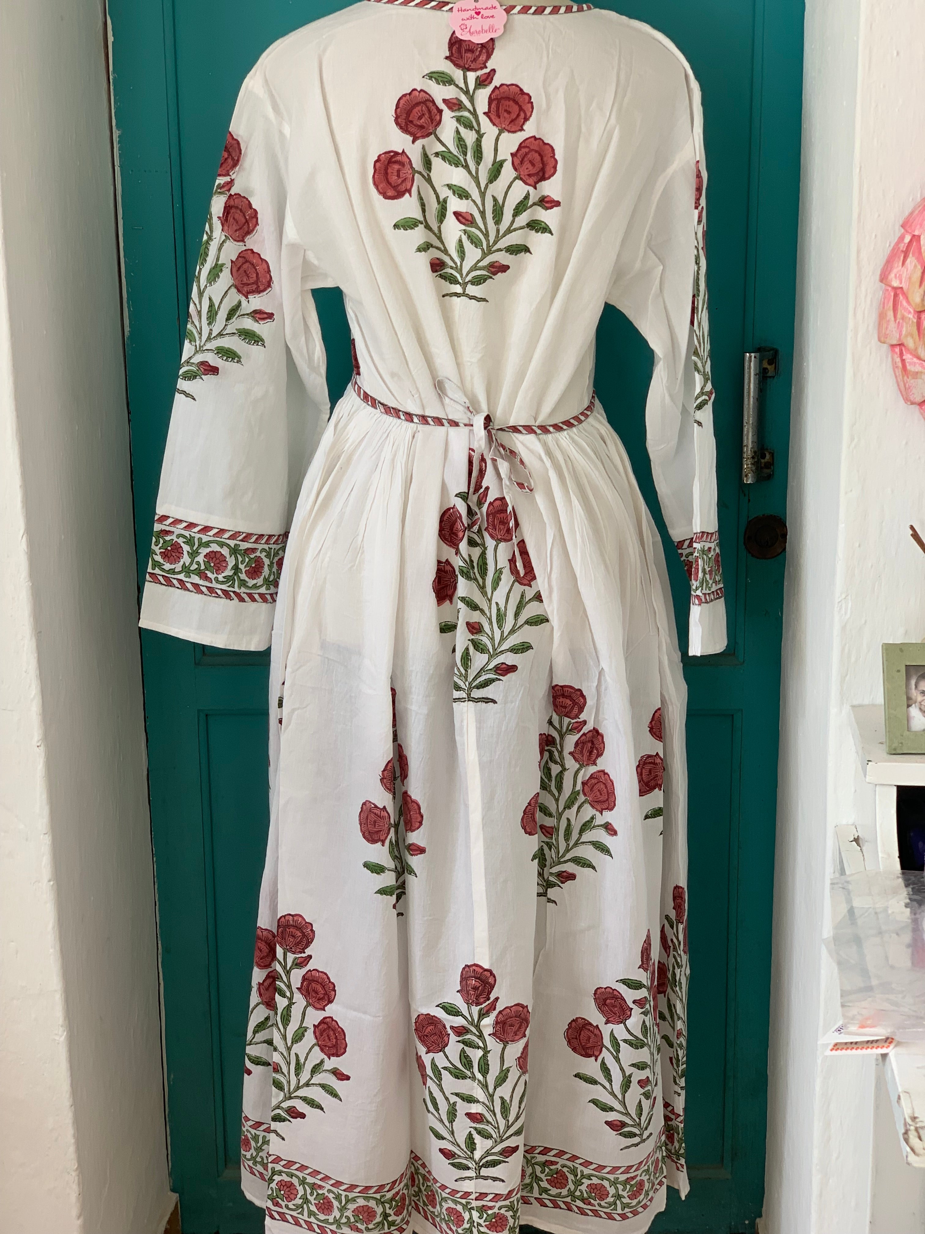 Handmade Mughal Block Print Dress with Red Poppy Floral Design - Perfect for Festivals, Weddings & Cultural Events
