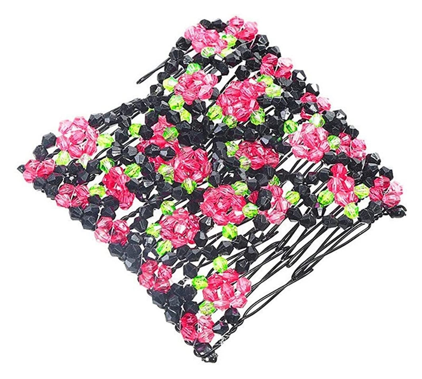 JIEERCUN Women's Double Hair Comb with Magic Beads - Stretchy Elastic Hair Clips for Ponytails & Updos - Fashion Hair Accessories Gift for Ladies (Hot Pink, One Size) - Perfect for Work, Parties & Daily Styling