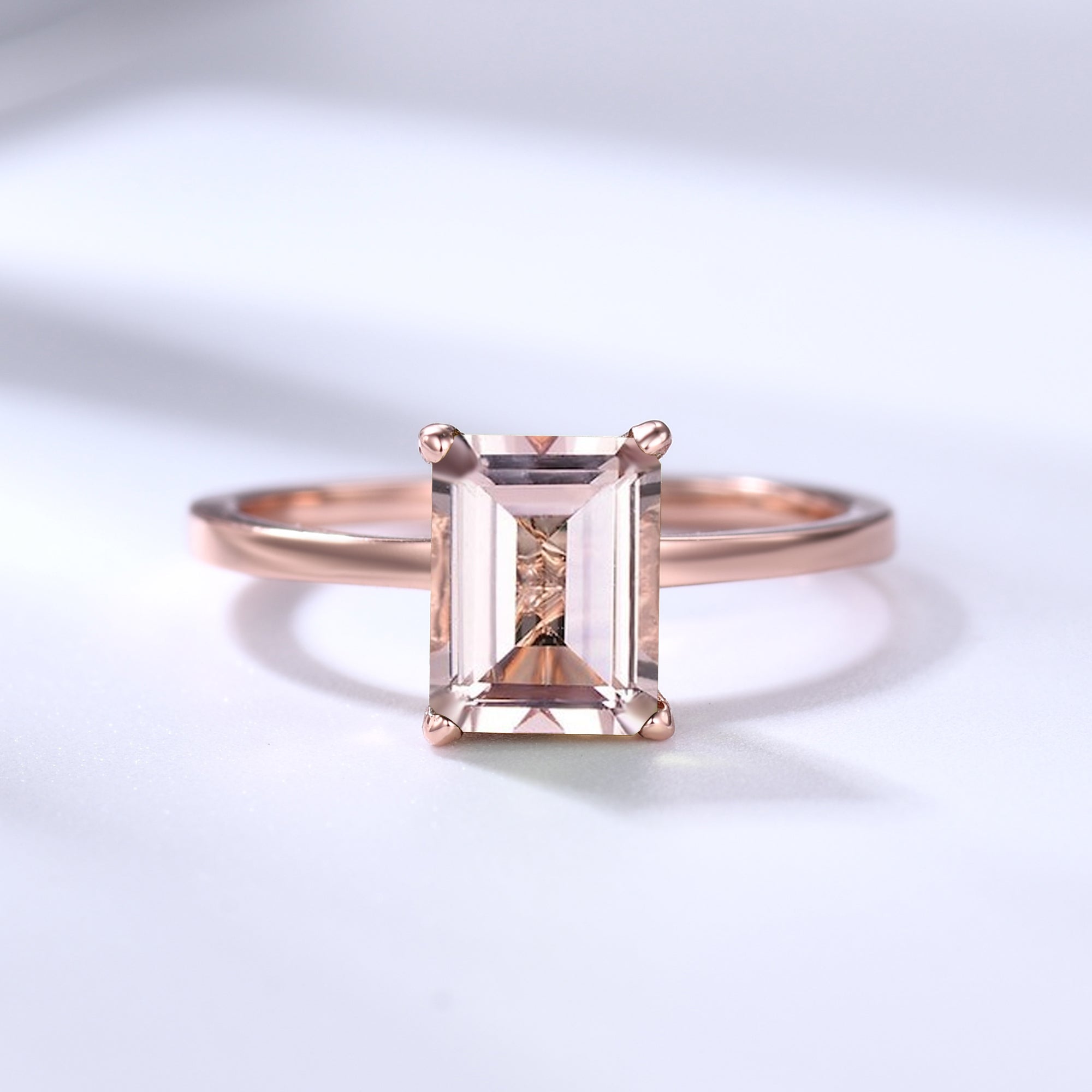 6x8mm Emerald Cut Morganite Solitaire Engagement Ring with Diamond Hidden Halo - Perfect for Proposals, Anniversaries & Bridal Jewelry