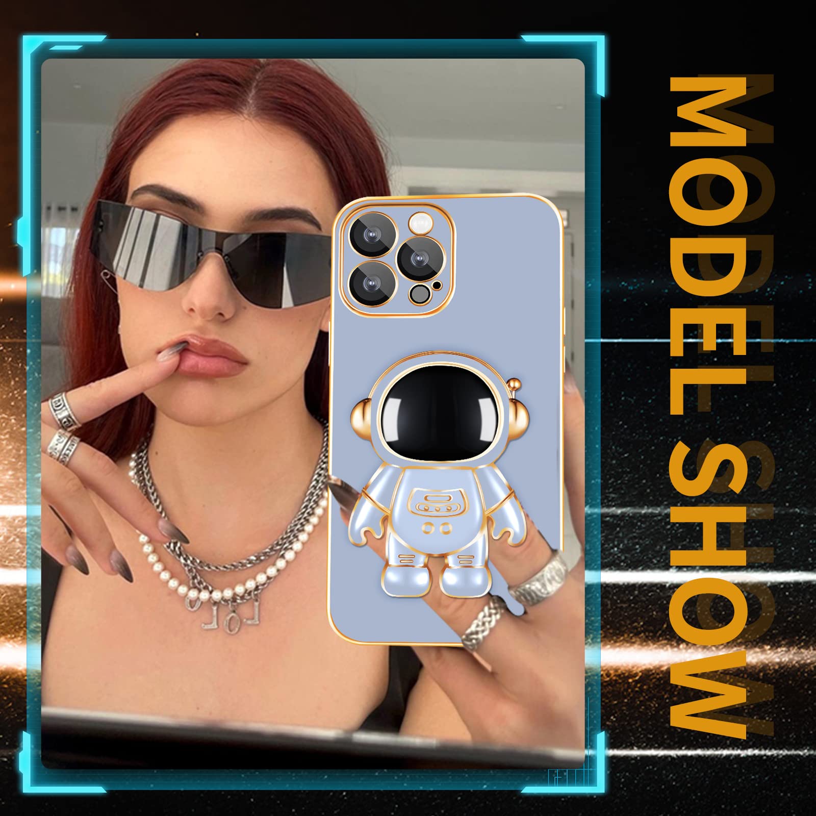 Loheckle Astronaut Phone Case for iPhone 13 Pro Max - 6D Plating Cute Astronaut Design with Hidden Stand & Camera Protector - Dark Blue - Perfect for Space Enthusiasts & Everyday Protection