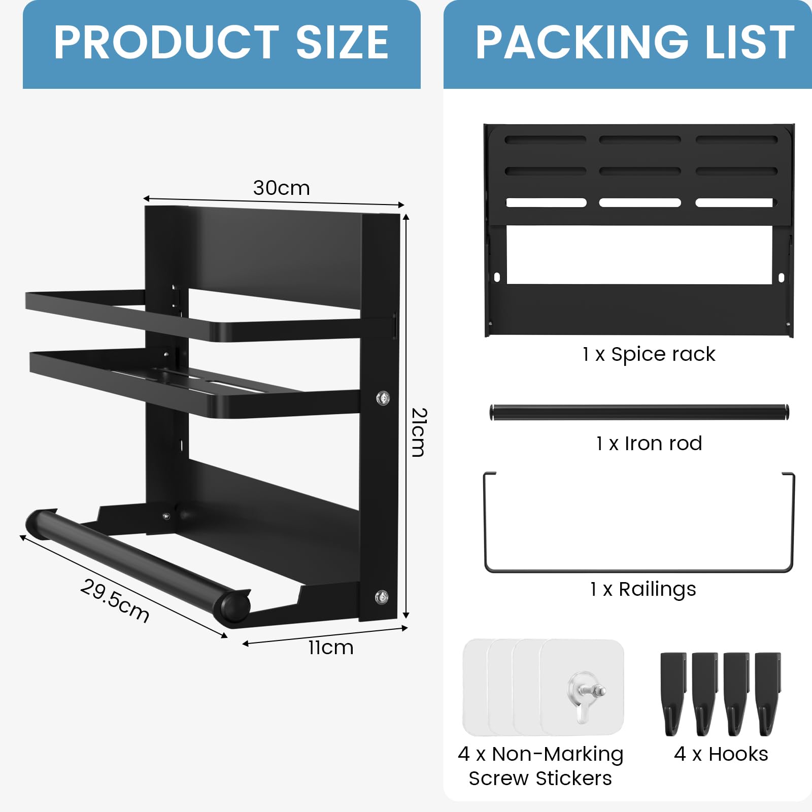DUNSOO Spice Rack Wall Mount with Kitchen Roll Holder & 4 Hooks, No-Drill Stainless Steel Shelf for Kitchen & Bathroom Organization, Black – Perfect for Small Spaces and Modern Homes