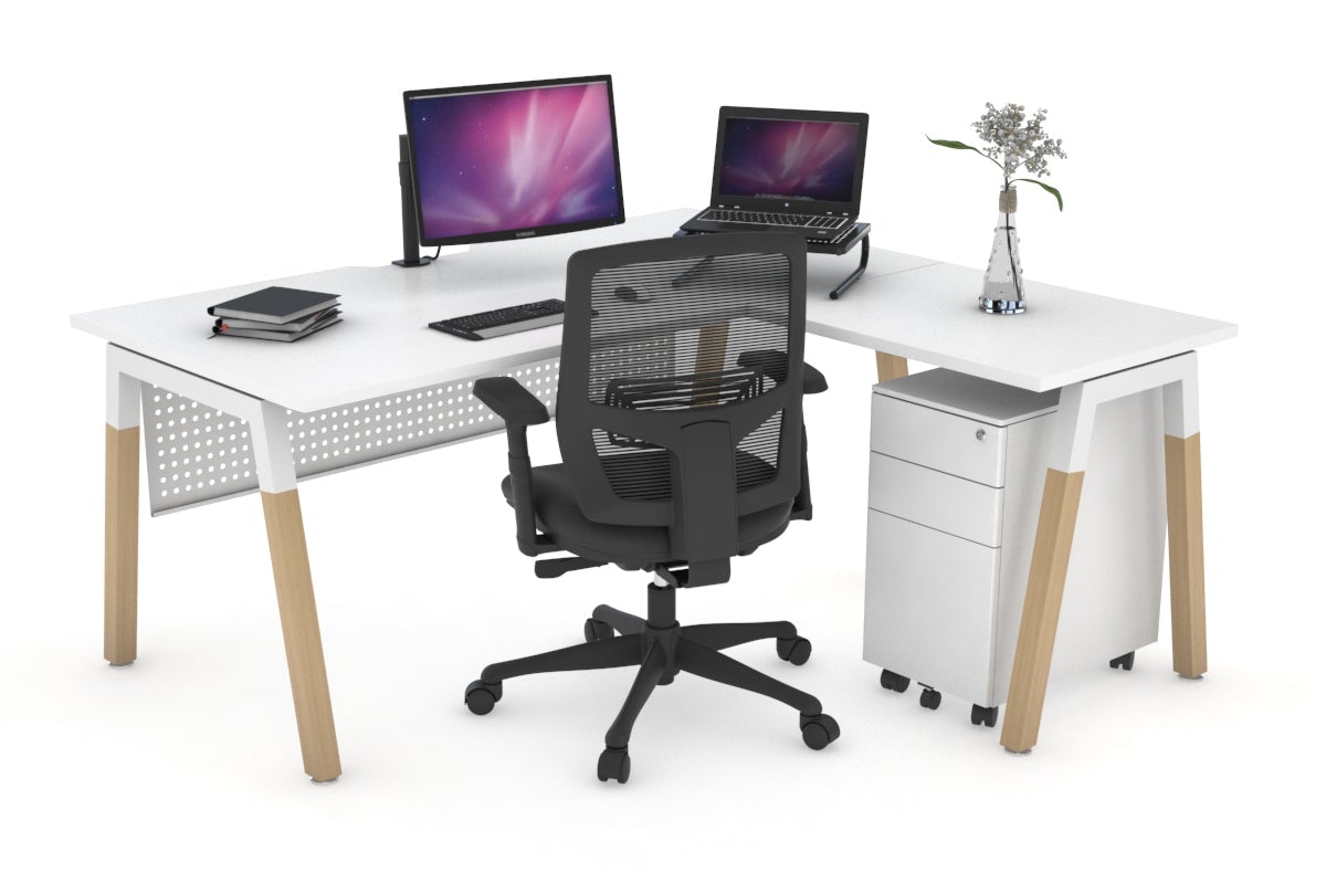 Quadro A Legs L-Shaped Corner Office Desk with Wood Legs & Cross Beam - 1400L x 1800W, Cable Management Scallop - Perfect for Home Office, Gaming Setup & Workspace Organization