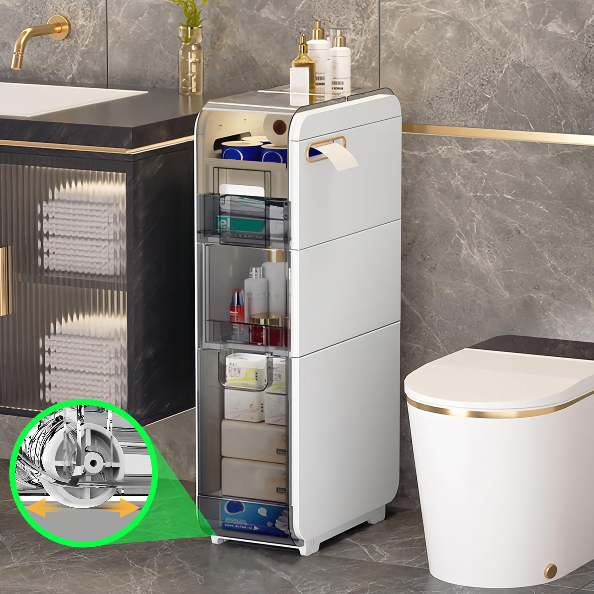 3-Tier Slim Bathroom Storage Cabinet - Narrow Space Organizer with Drawers, Waterproof Plastic for Bathroom, Kitchen & Laundry Room | Perfect for Small Spaces, Apartment Living & Clutter-Free Organization