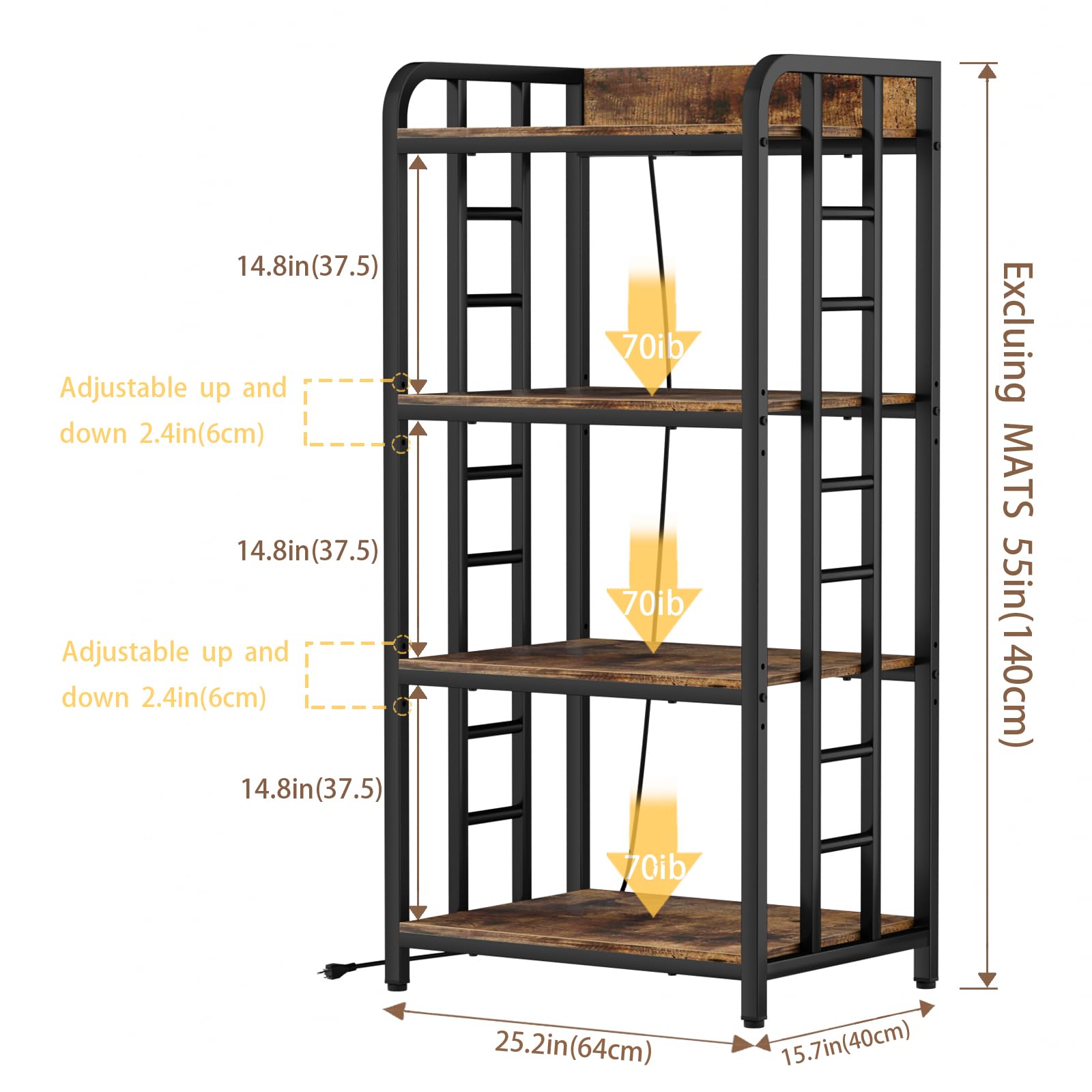 Adjustable 4-Tier Kitchen Baker's Rack with Microwave Stand | Heavy Duty Storage Organizer for Living Room, Garage, Home & Office | Rustic Brown | Perfect for Small Spaces & Kitchen Organization