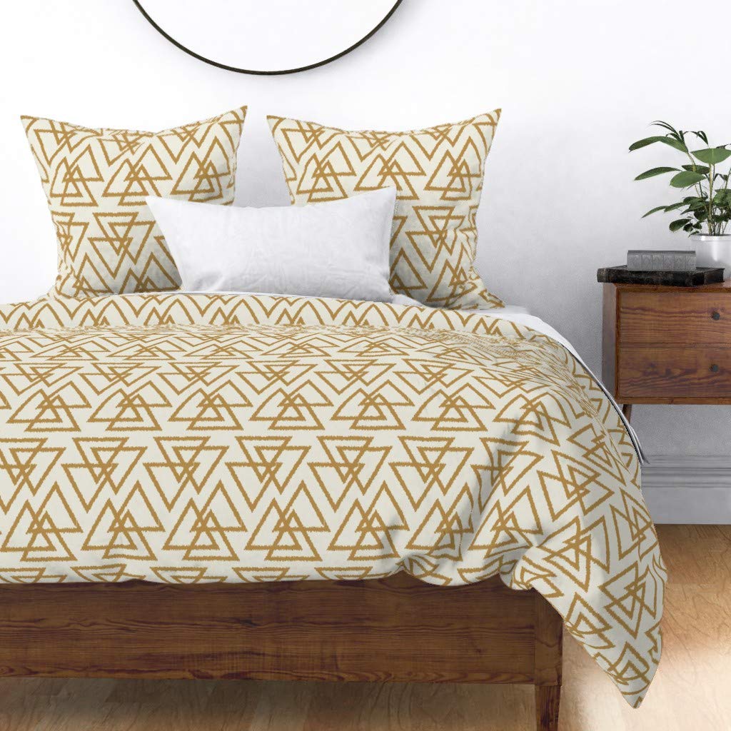Custom Geometric Triangle Print Cotton Sateen Duvet Cover - Twin Size, Cream & Mustard Modern Bedding for Trendy Home Decor | Perfect for Kids' Rooms, Guest Bedrooms & Contemporary Interior Design