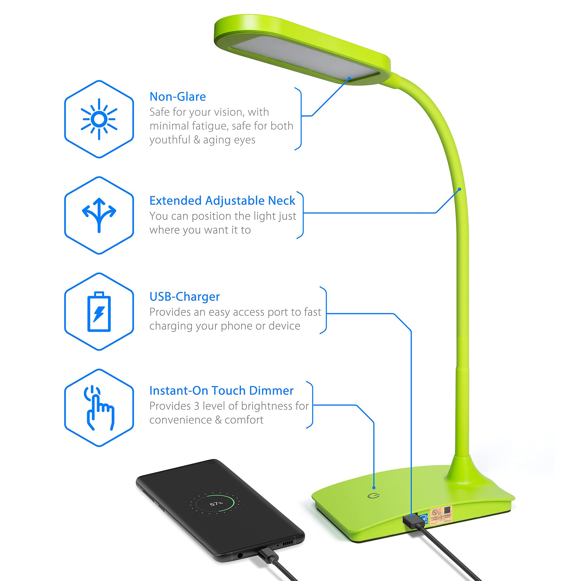 Energy-Efficient Green LED Desk Lamp with USB Charging Port - Adjustable Brightness Study Light for Home Office, Bedside Reading & Workspace Lighting | Perfect for Students, Remote Workers & Nighttime Readers