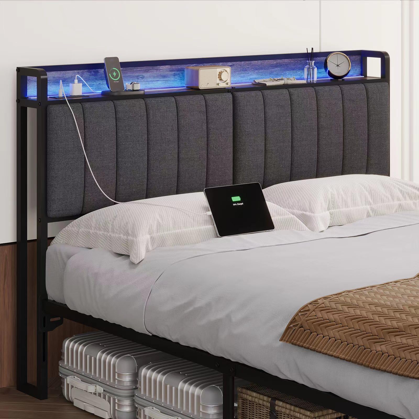 Queen Size Upholstered Headboard with LED Lights & USB/Type-C Charging Station - Adjustable Height, Linen Fabric, Easy Assembly - Perfect for Bedroom Upgrade & Modern Home Decor