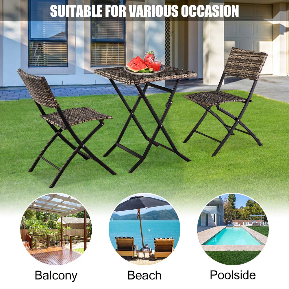 Ochine 3-Piece Rattan Wicker Folding Dining Table Set - Outdoor Patio Furniture for Garden, Backyard, Balcony | Weather-Resistant Bistro Set for Entertaining (Ships from USA)