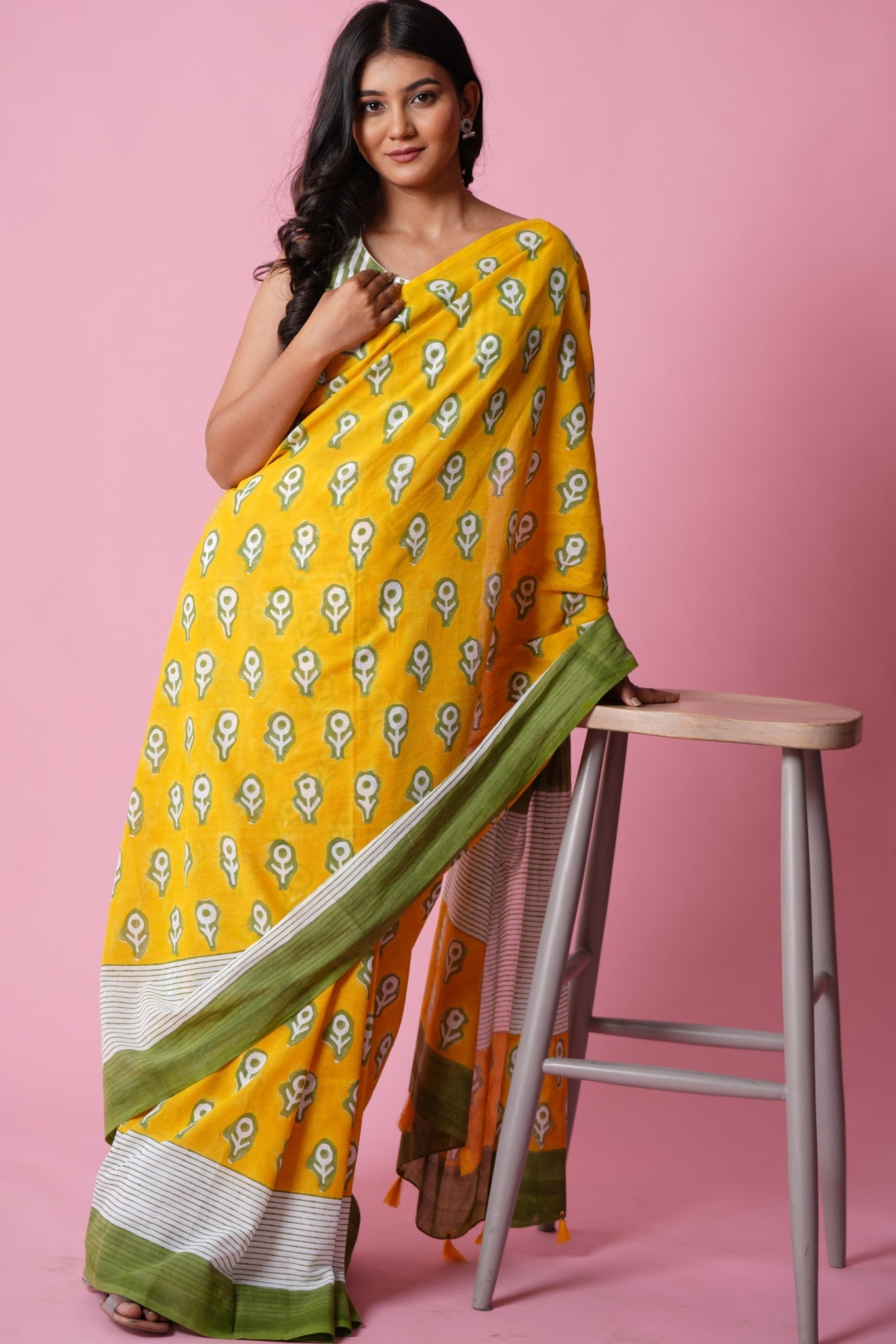 Handblock Printed Mandevilla Yellow Mul Cotton Saree - Elegant Traditional Indian Attire for Weddings, Festivals & Special Occasions