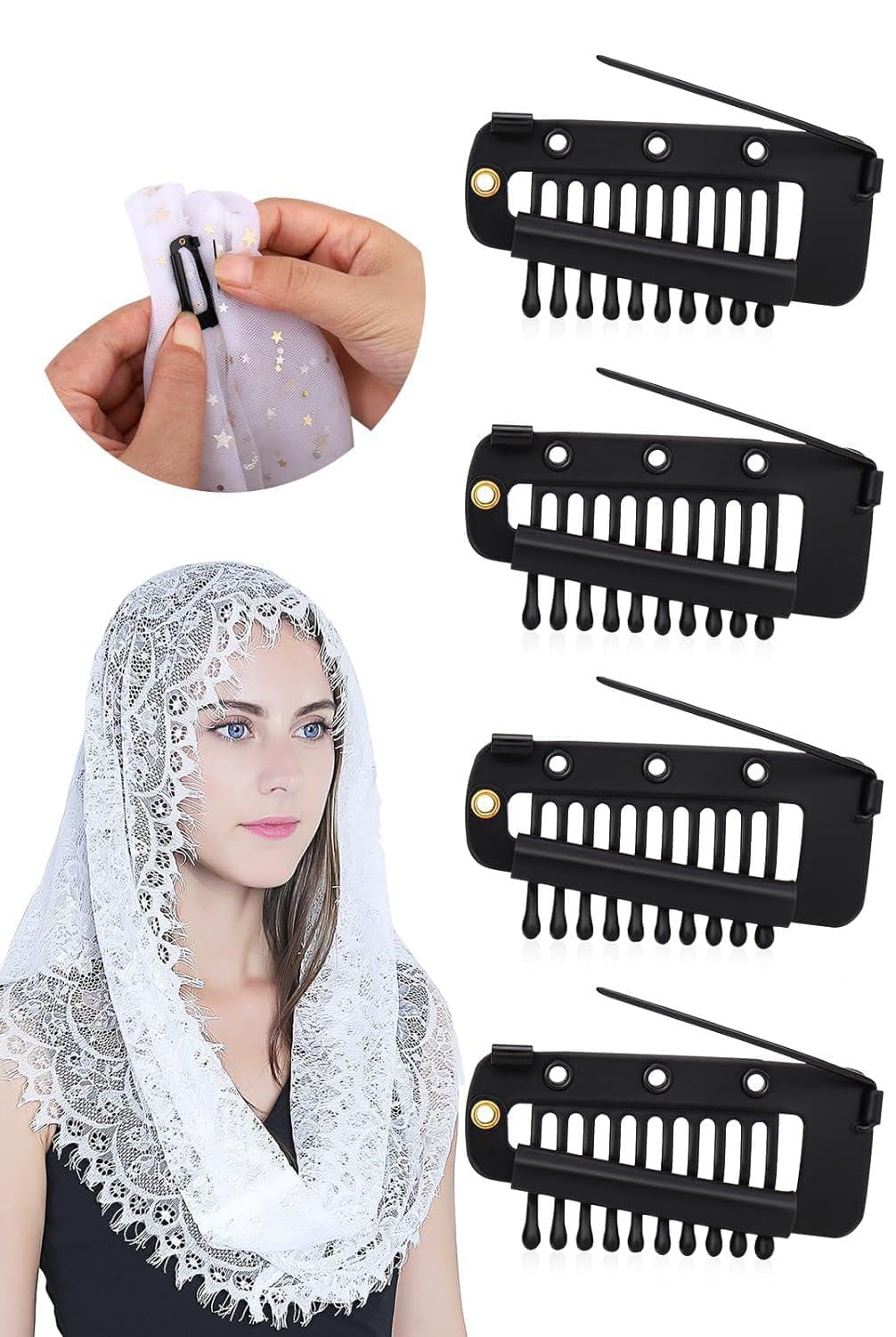 INHEAVEN 4pcs Strong Dupatta Clips with Safety Pins - Secure Chunni Grip for Women's Indian Attire (Black) | Perfect for Sarees, Lehengas & Wedding Outfits