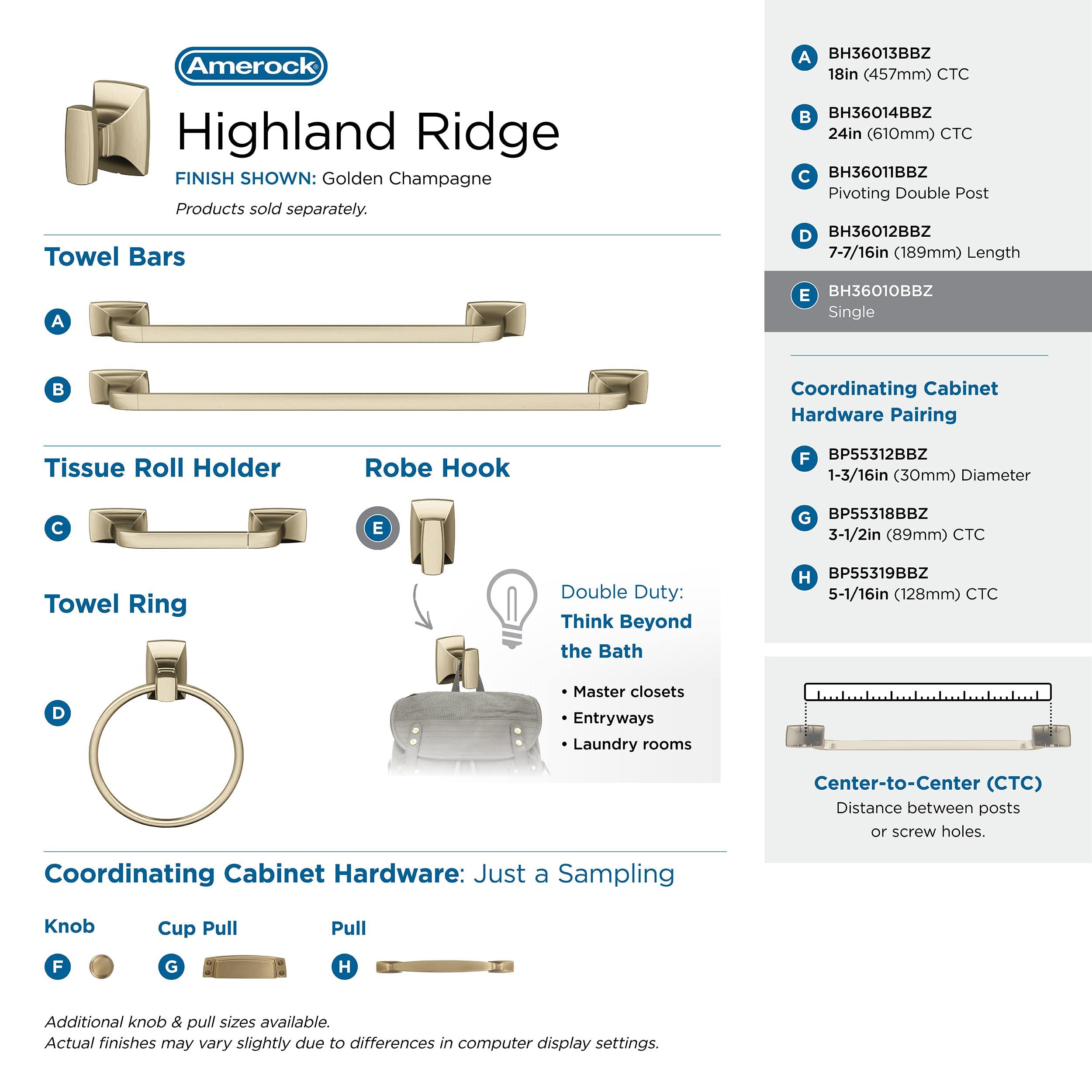 Amerock Golden Champagne 18-Inch Towel Bar Set - 4-Piece Bathroom Accessories Kit with Highland Ridge Design for Modern Bathrooms, Powder Rooms & Spa Retreats