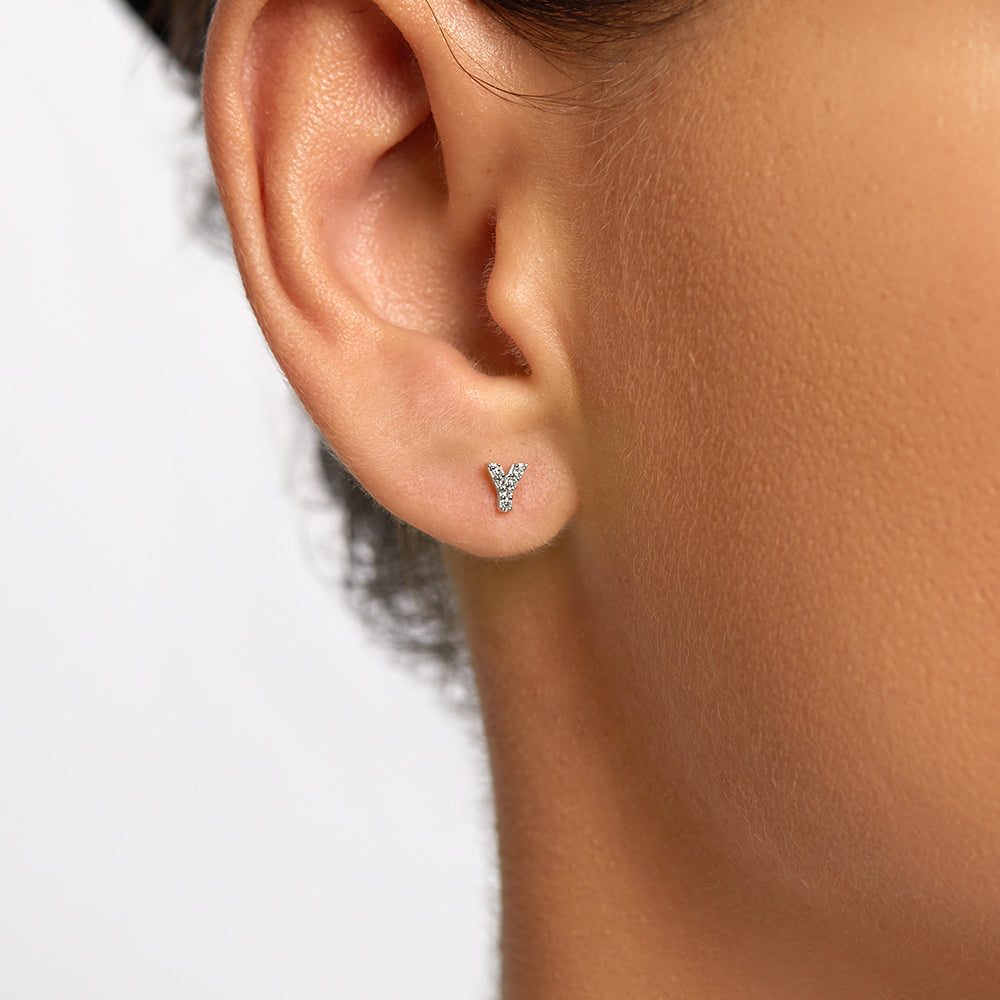 Diamond Letter Y Single Stud Earring in Sterling Silver - Perfect for Gifts, Birthdays & Personalized Jewelry