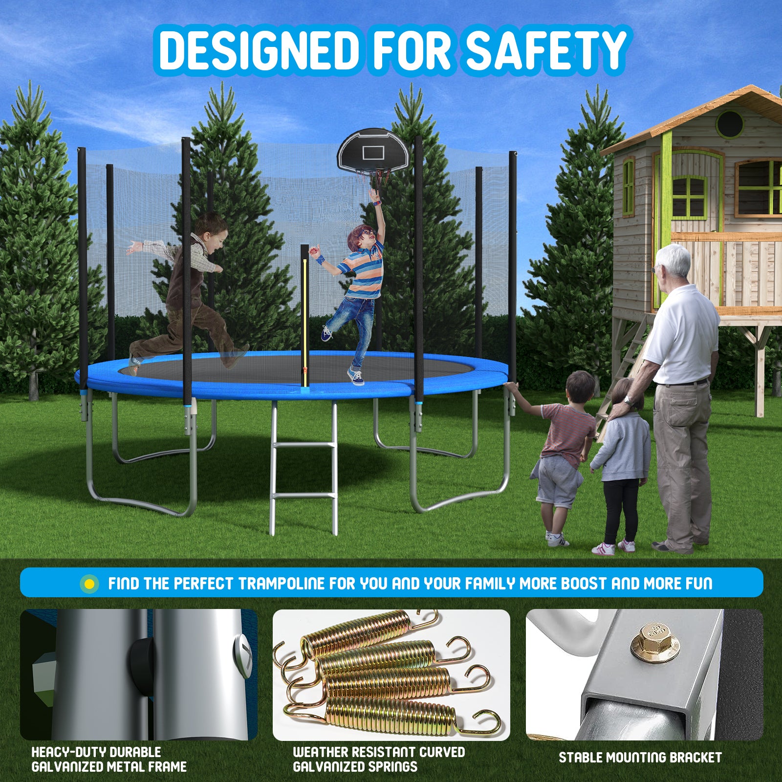 12 FT Outdoor Trampoline with Safety Enclosure Net & Basketball Hoop - Perfect for Backyard Fun, Exercise, and Family Playtime